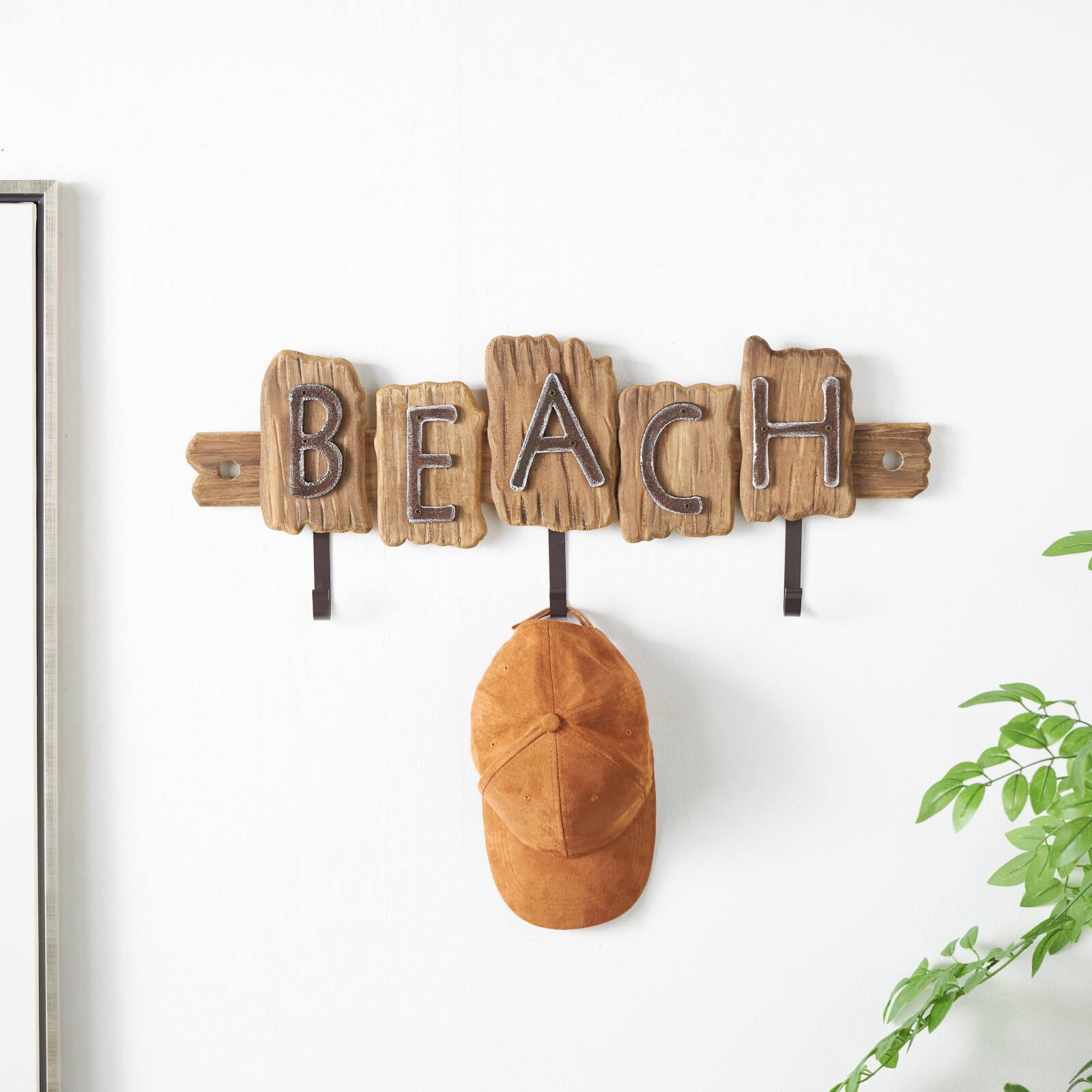 27" x 10" Brown Wood Handmade Live Edge Beach Sign 3 Hanger Wall Hook with Metal Accents