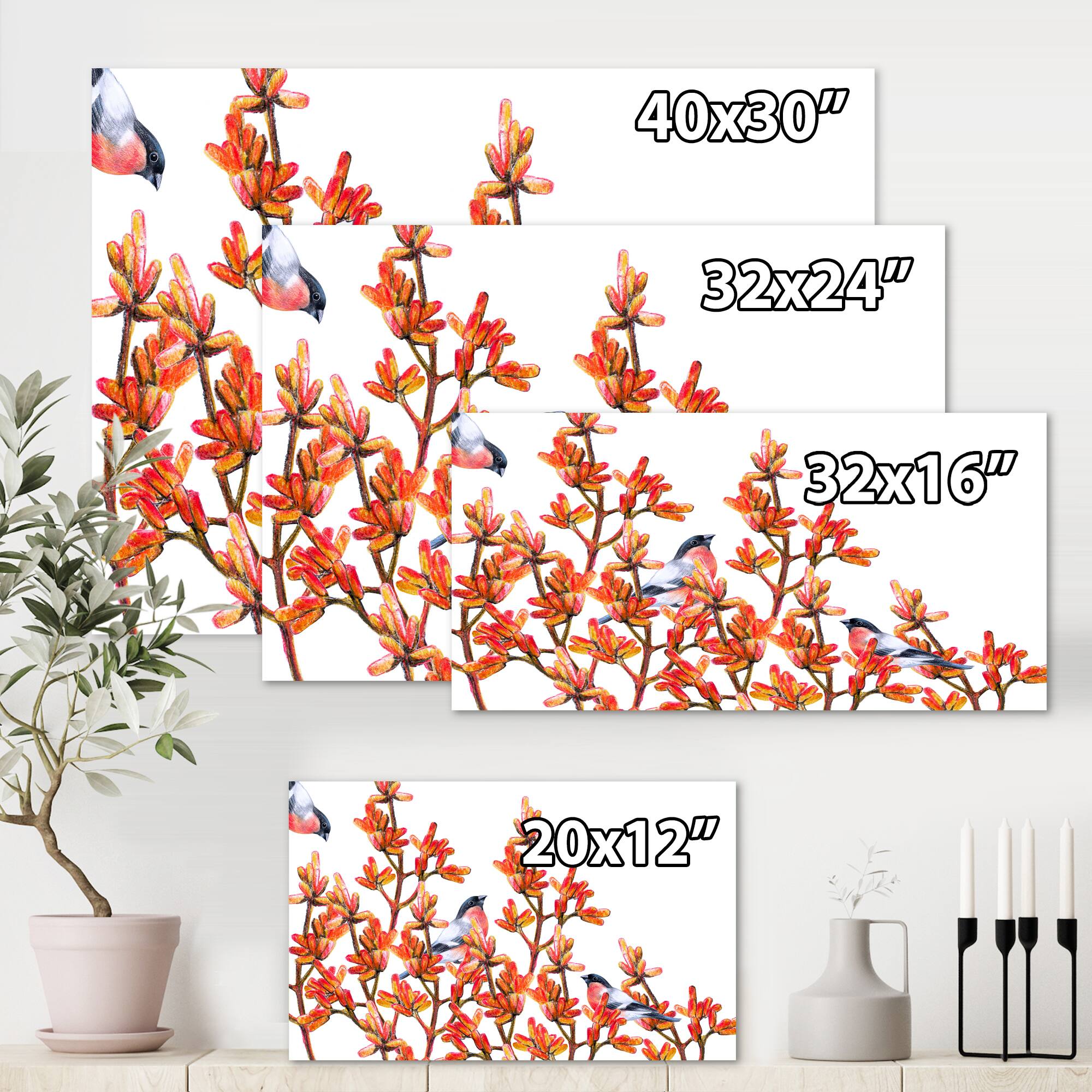 Designart - Flock of Bullfinches Birds on Orange Branches