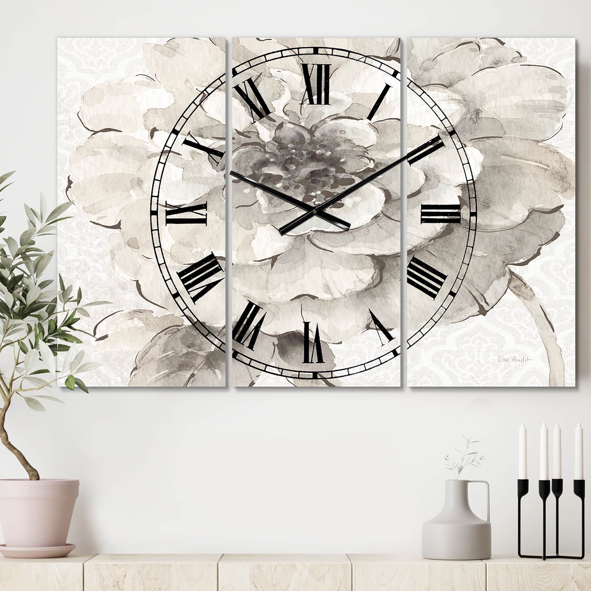 Designart Indigold Gray Peonies I Traditional 3 Panel Wall Clock