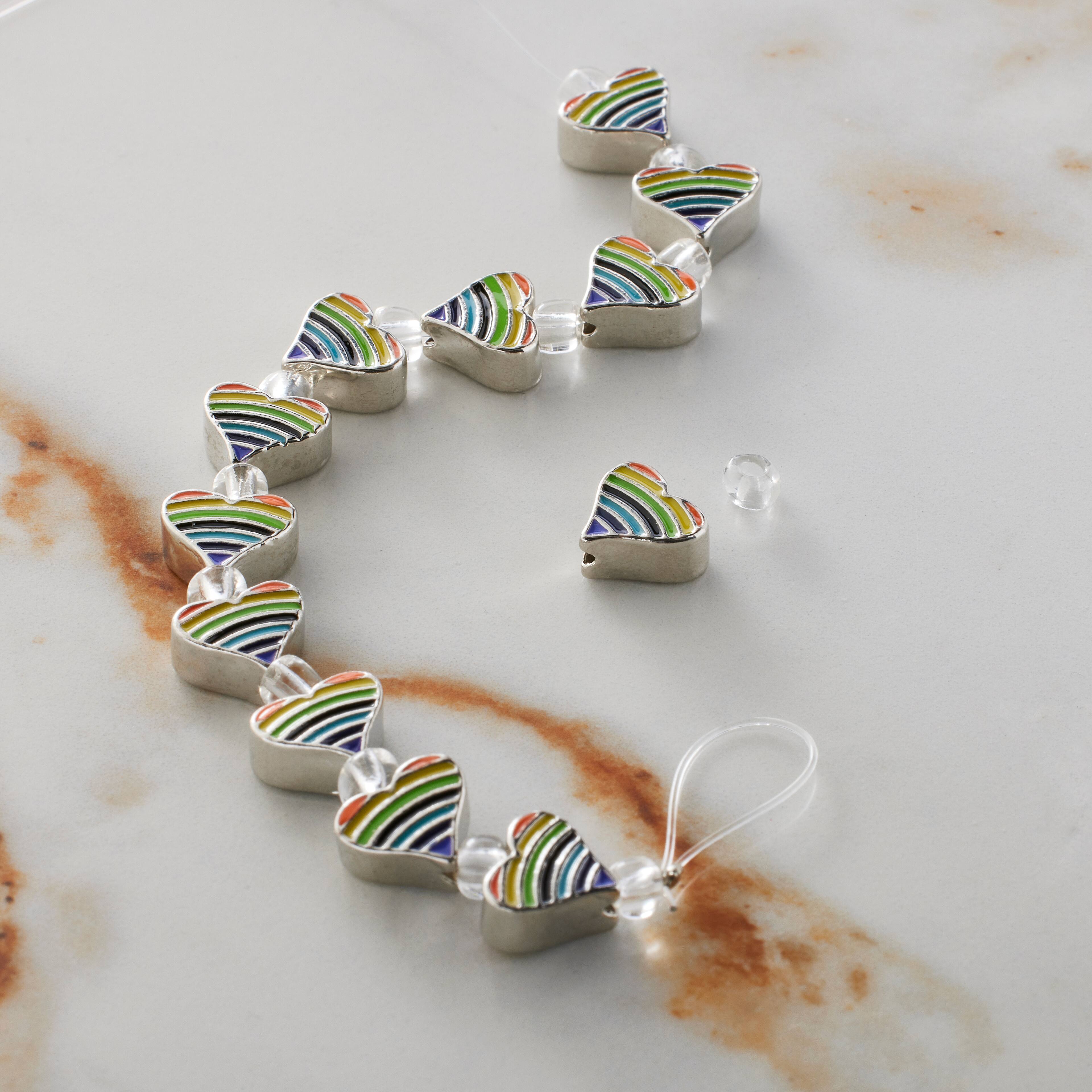 6 Packs: 12 ct. (72 total) Rainbow Stripe & Rhodium Heart Beads, 9mm by Bead Landing™