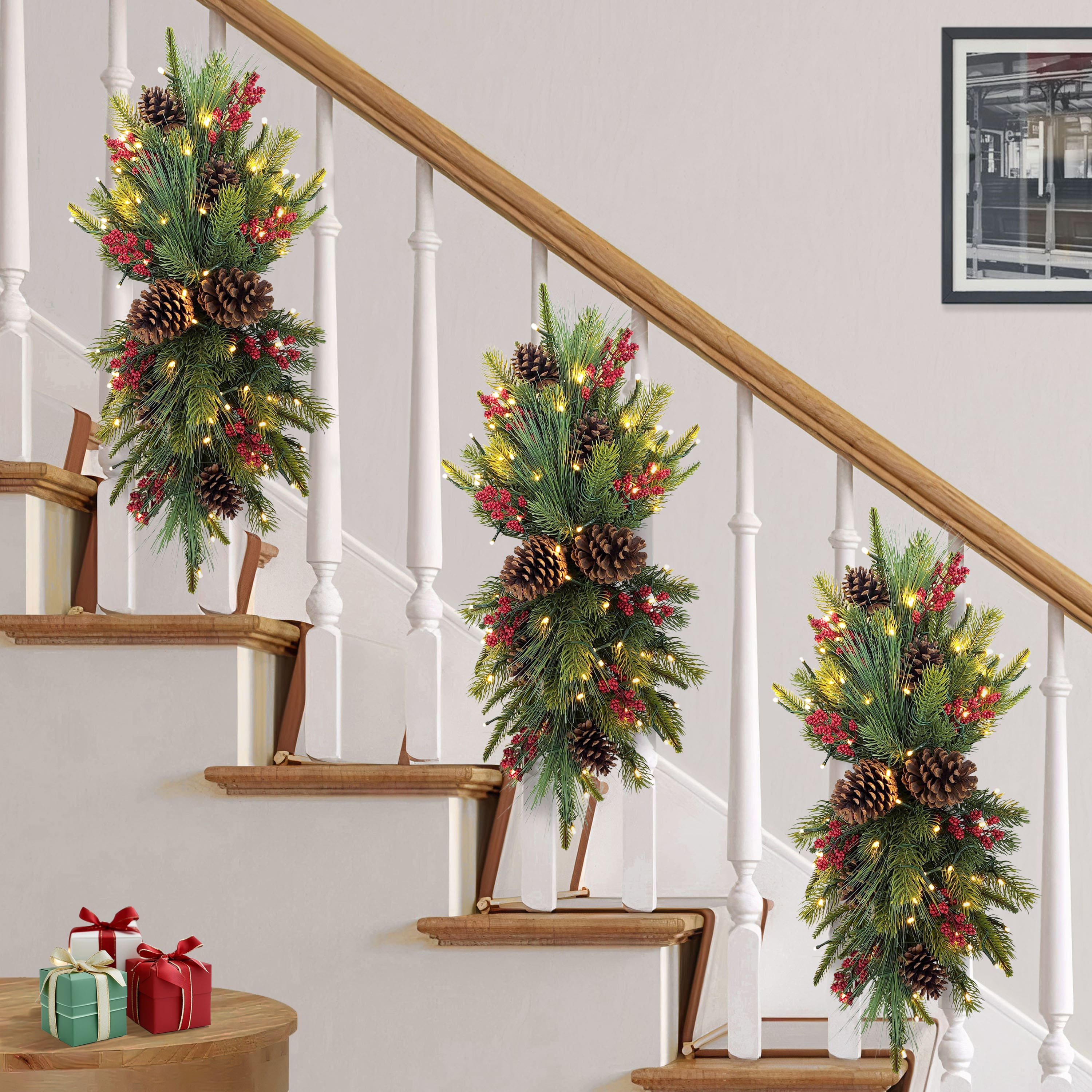 28" Pre-Lit Green Adorned Artificial Banister Swag with Pinecones & Berries