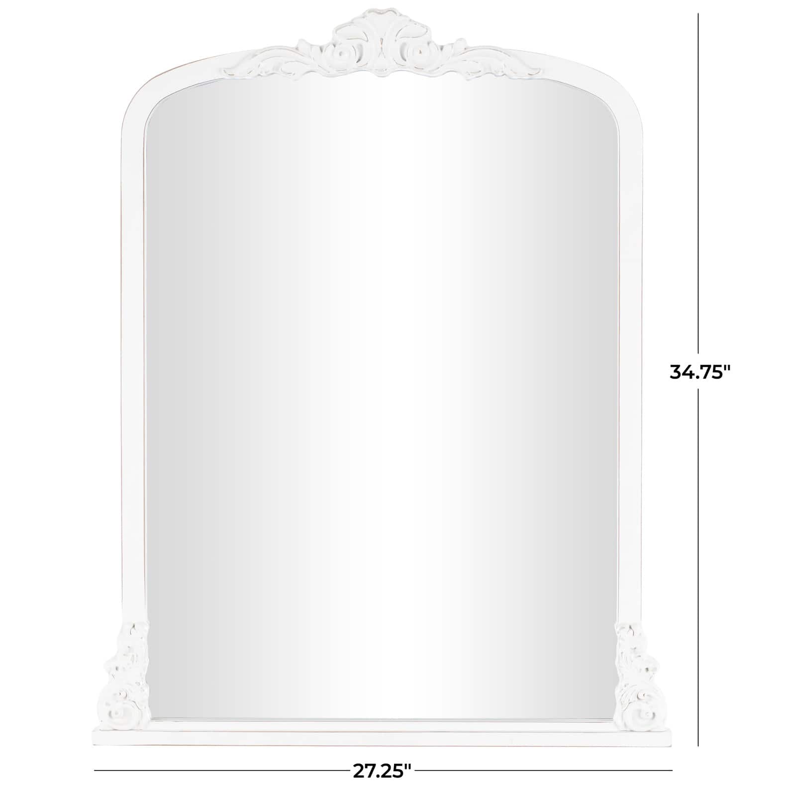 27" x 35", White Wooden  Arched Wall Mirror with Scroll Details