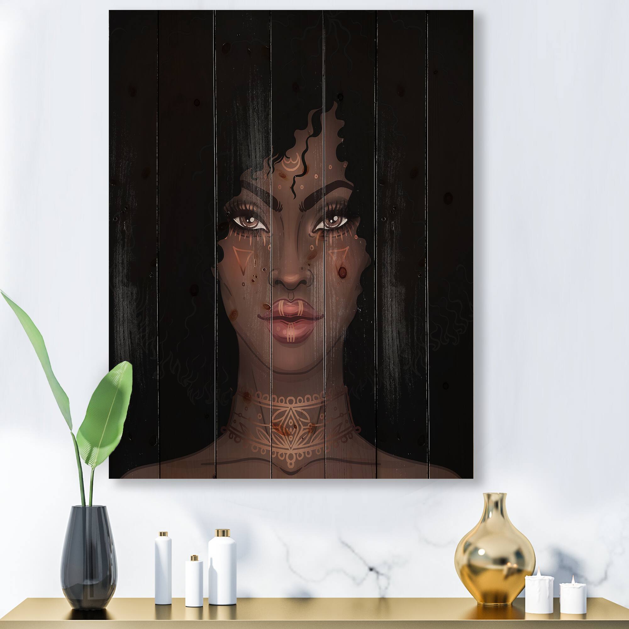 Designart - Portrait of African American Woman II - Modern Print on Natural Pine Wood