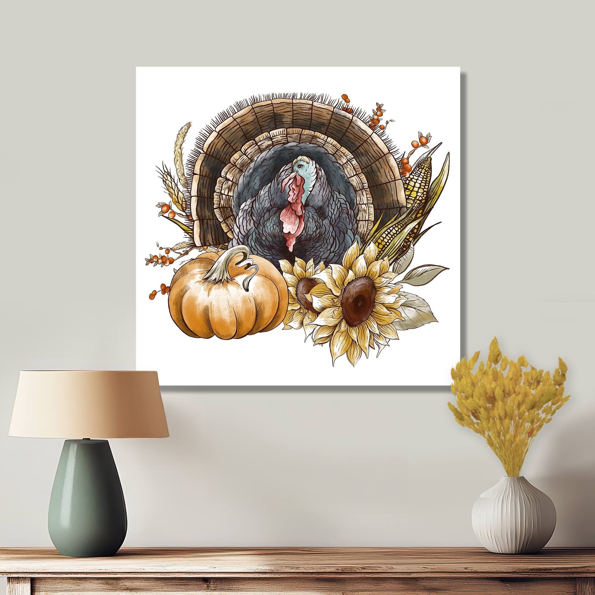 Designart Thanksgiving Vintage Turkey, Sunflowers & Pumpkin Farmhouse Canvas Wall Art
