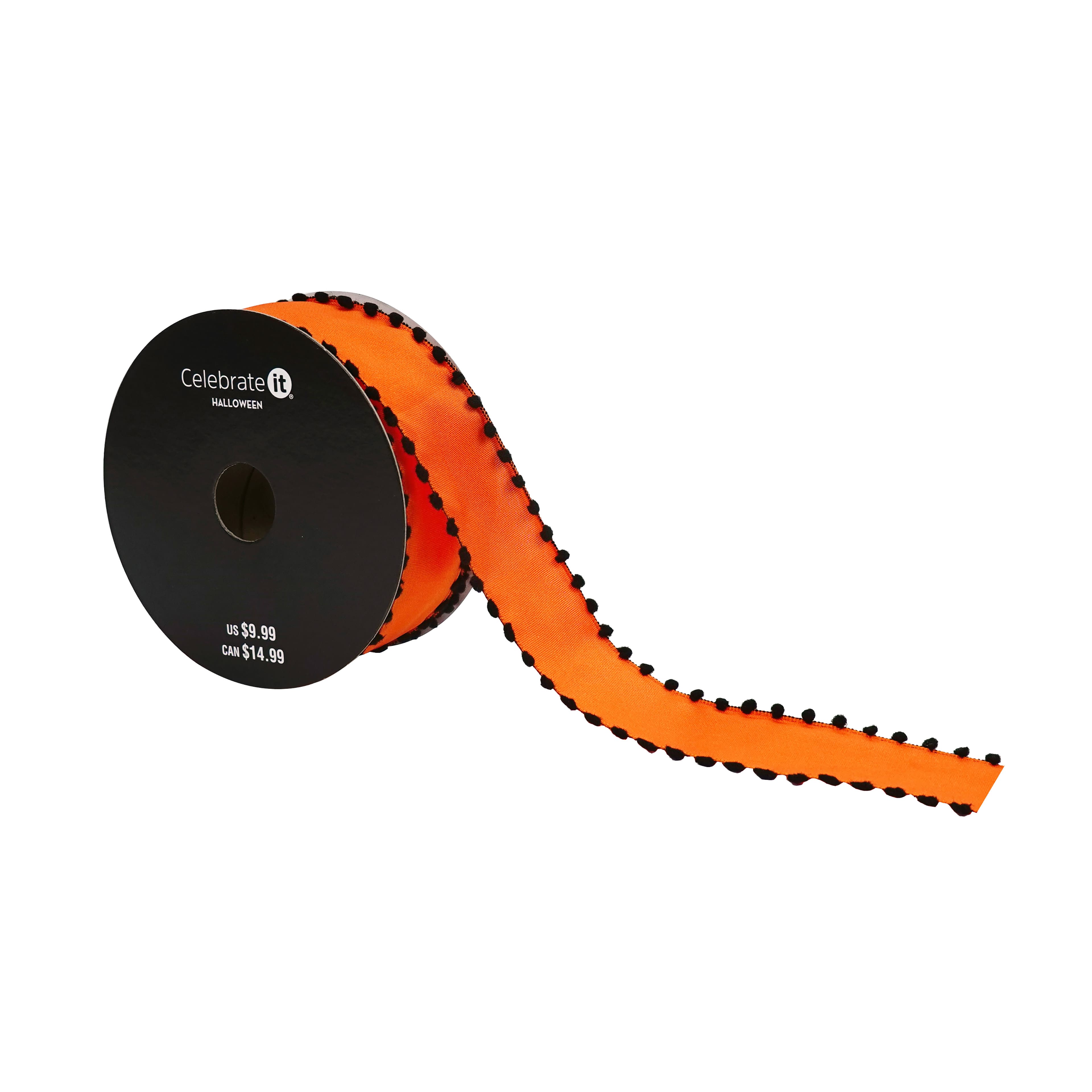 1.5" x 10yd. Orange & Black Pom Pom Edged Wired Ribbon by Celebrate It®