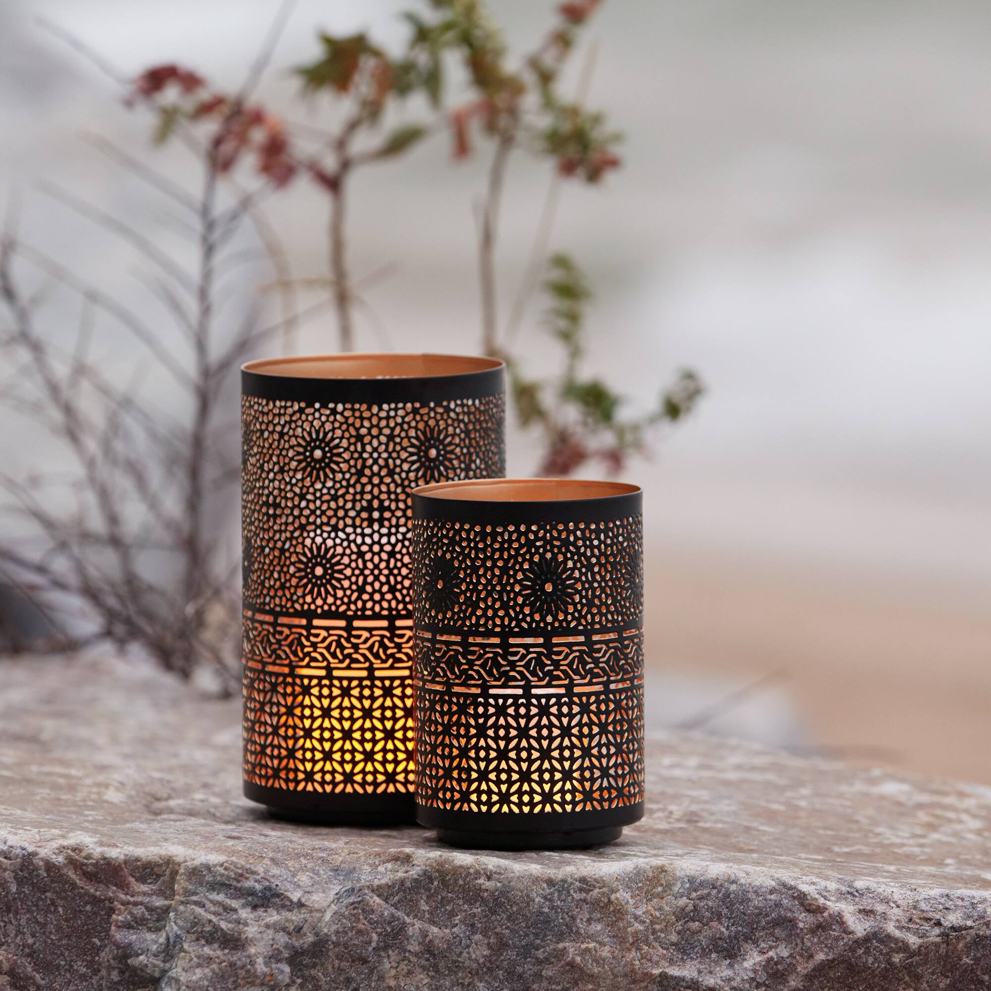 Black & Gold Mandala Punched Metal Candle Holder Set