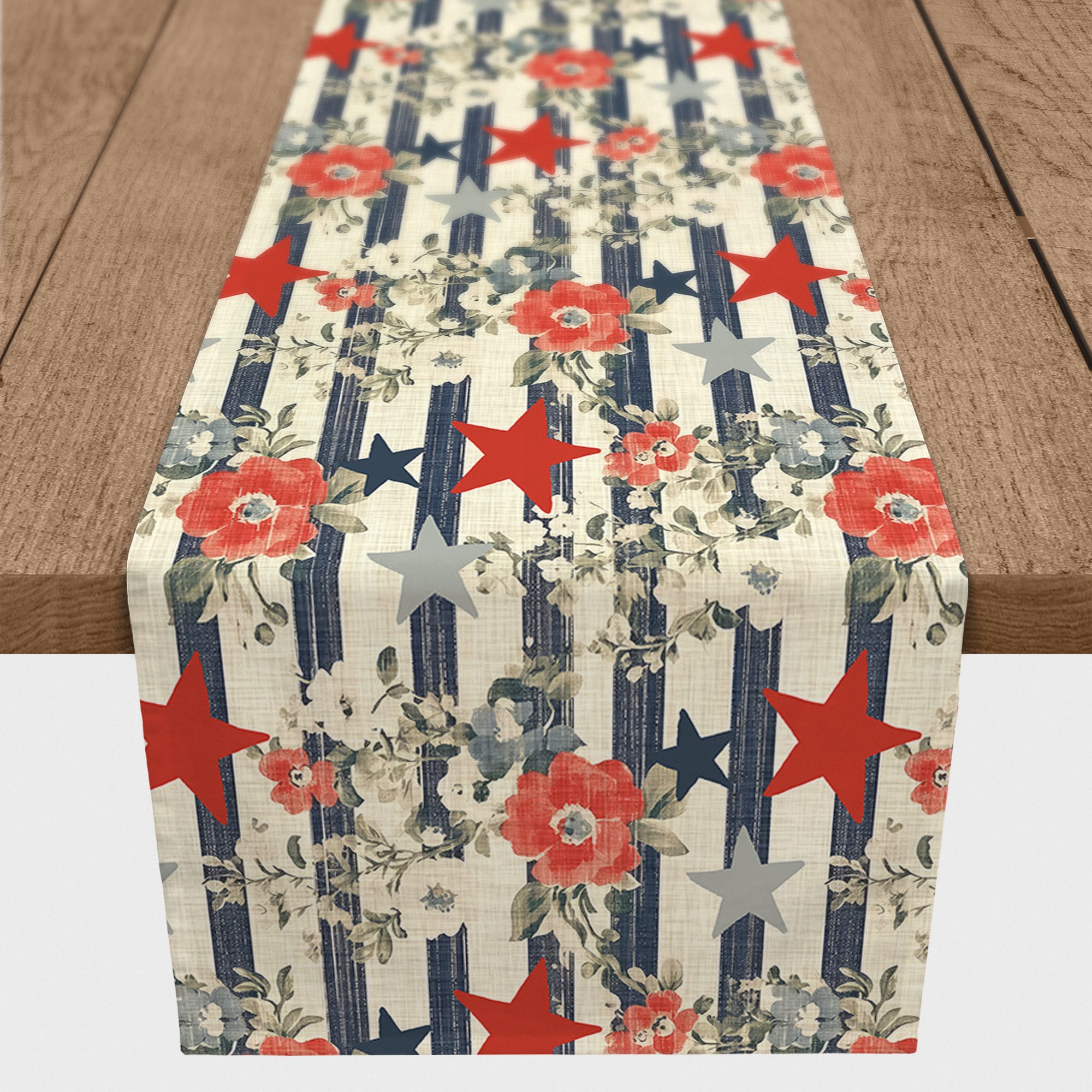 Vintage Floral Patriotic Stripes Poly Twill Table Runner
