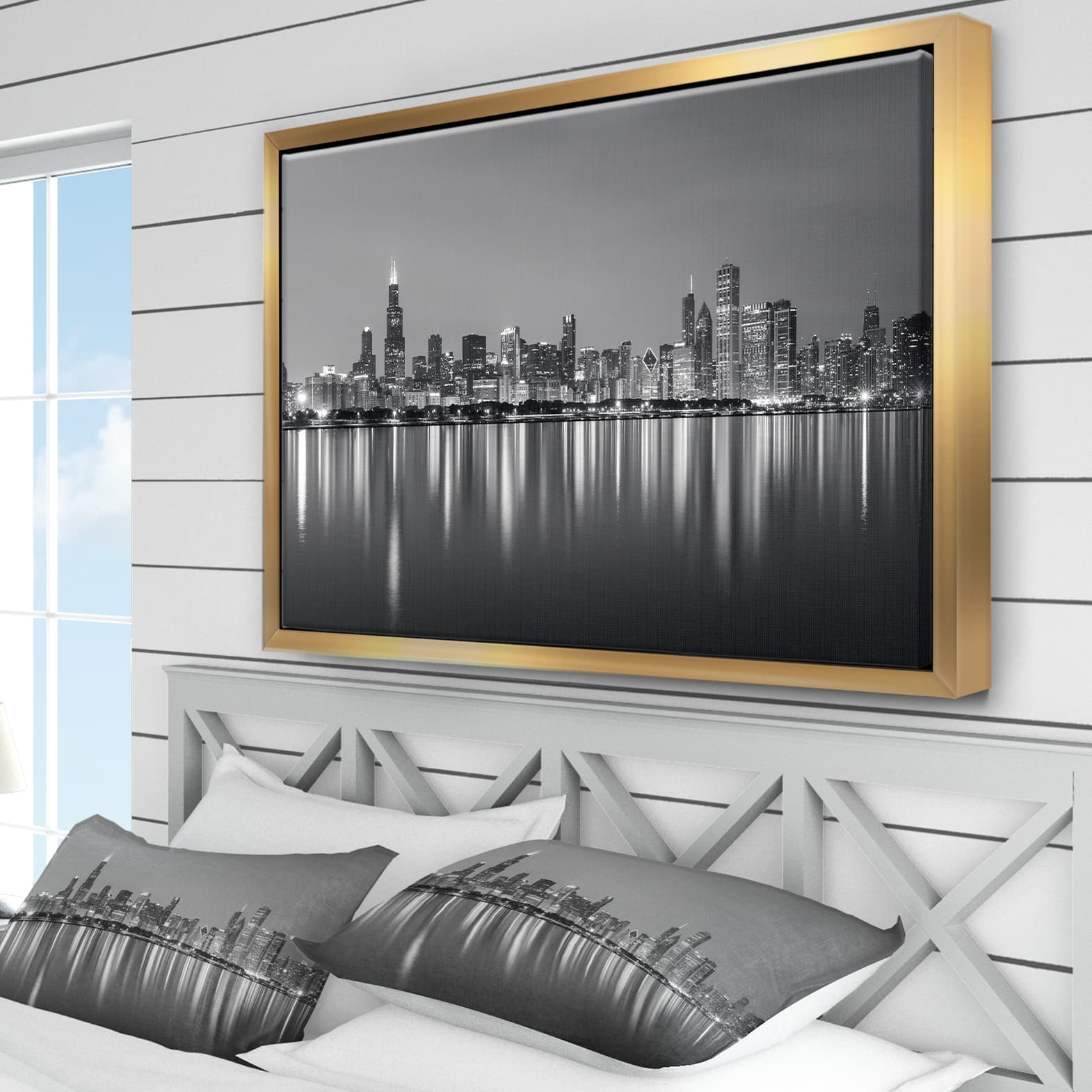 Designart - Chicago Skyline at Night Black and White - Cityscape Framed Canvas Print