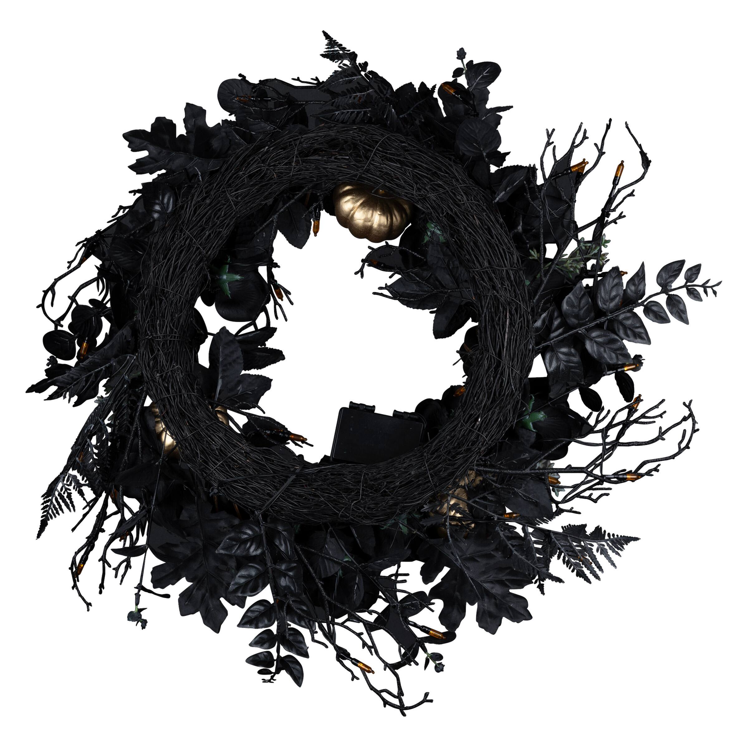 24" Chic Eek Black Flower & Pumpkin Halloween Pre-Lit LED Wreath