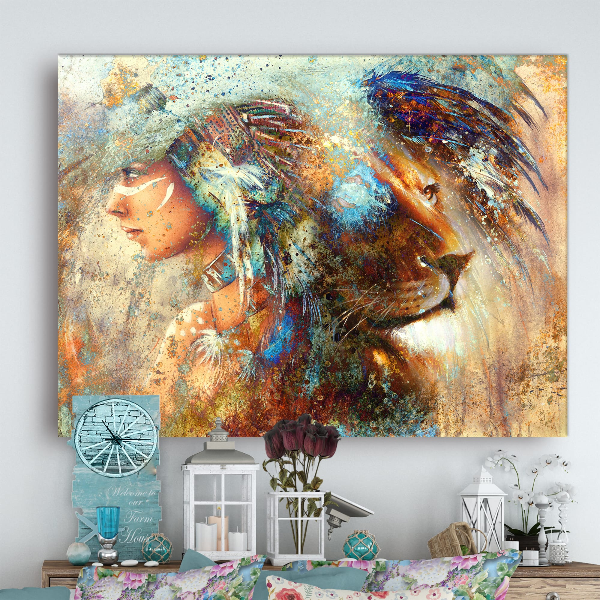 Designart - Indian Woman Collage with Lion - Indian Canvas Artwork