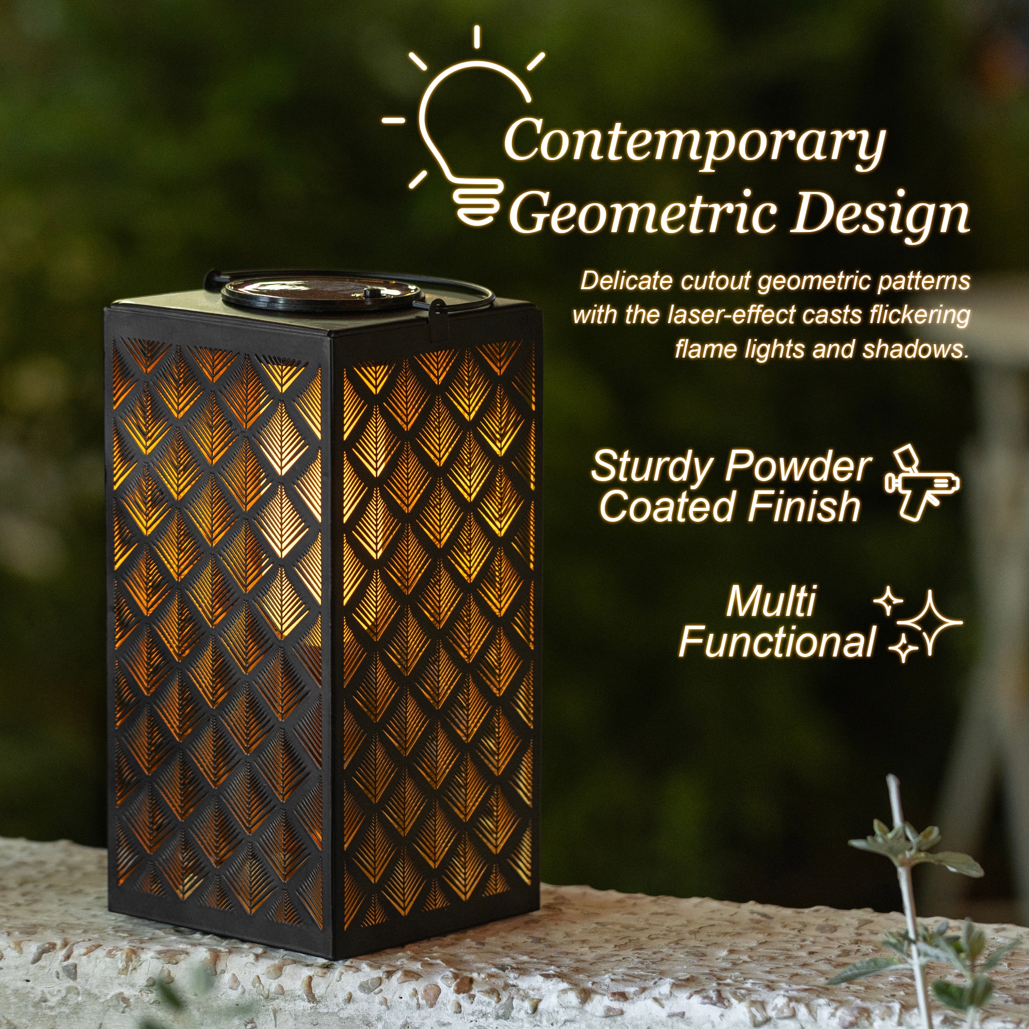 Glitzhome® 11" Set of 2 LED Black Square Textured Glass Solar Powered Hanging Lantern