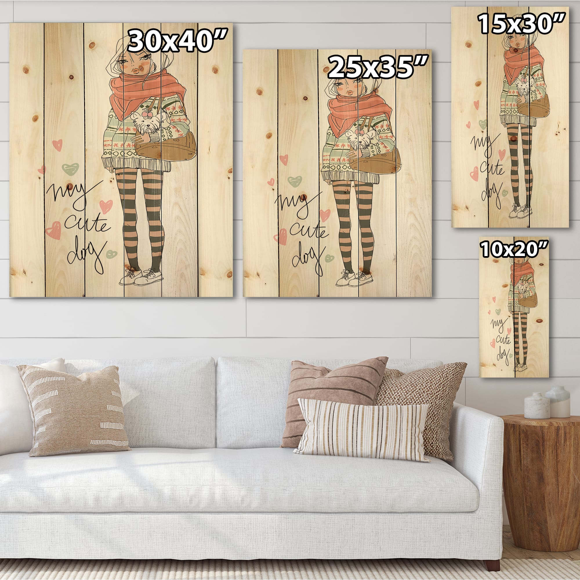 Designart - Cute Girl With Dog - Shabby Chic Print on Natural Pine Wood