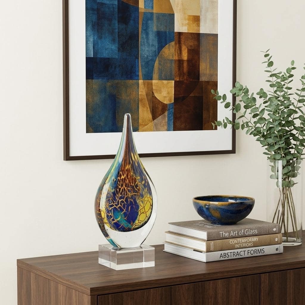HomeRoots 11.5" Blue & Yellow Murano Glass Modern Abstract Tabletop Sculpture