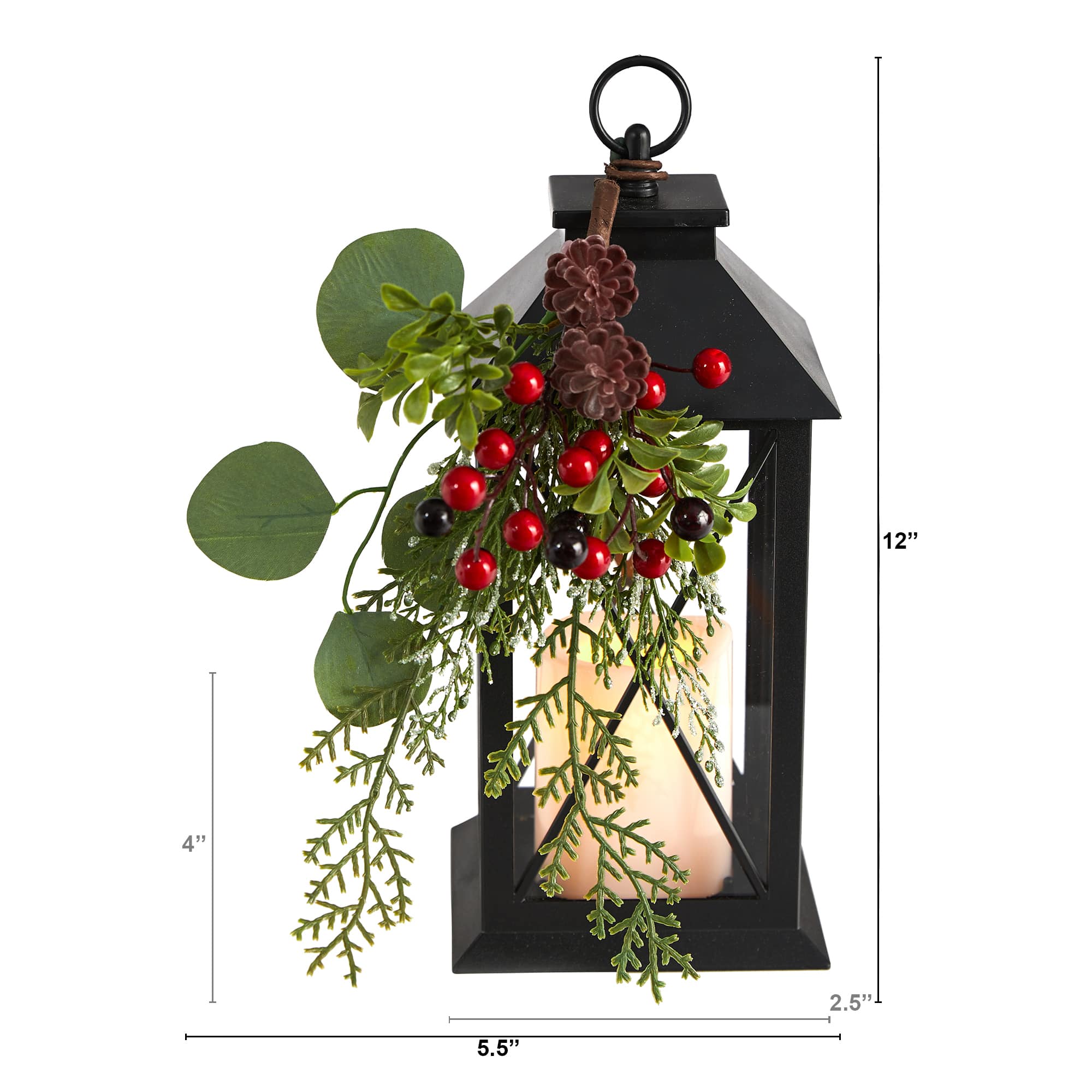 12" Berries & Greenery Metal Lantern Artificial Table Christmas Arrangement with LED Candle