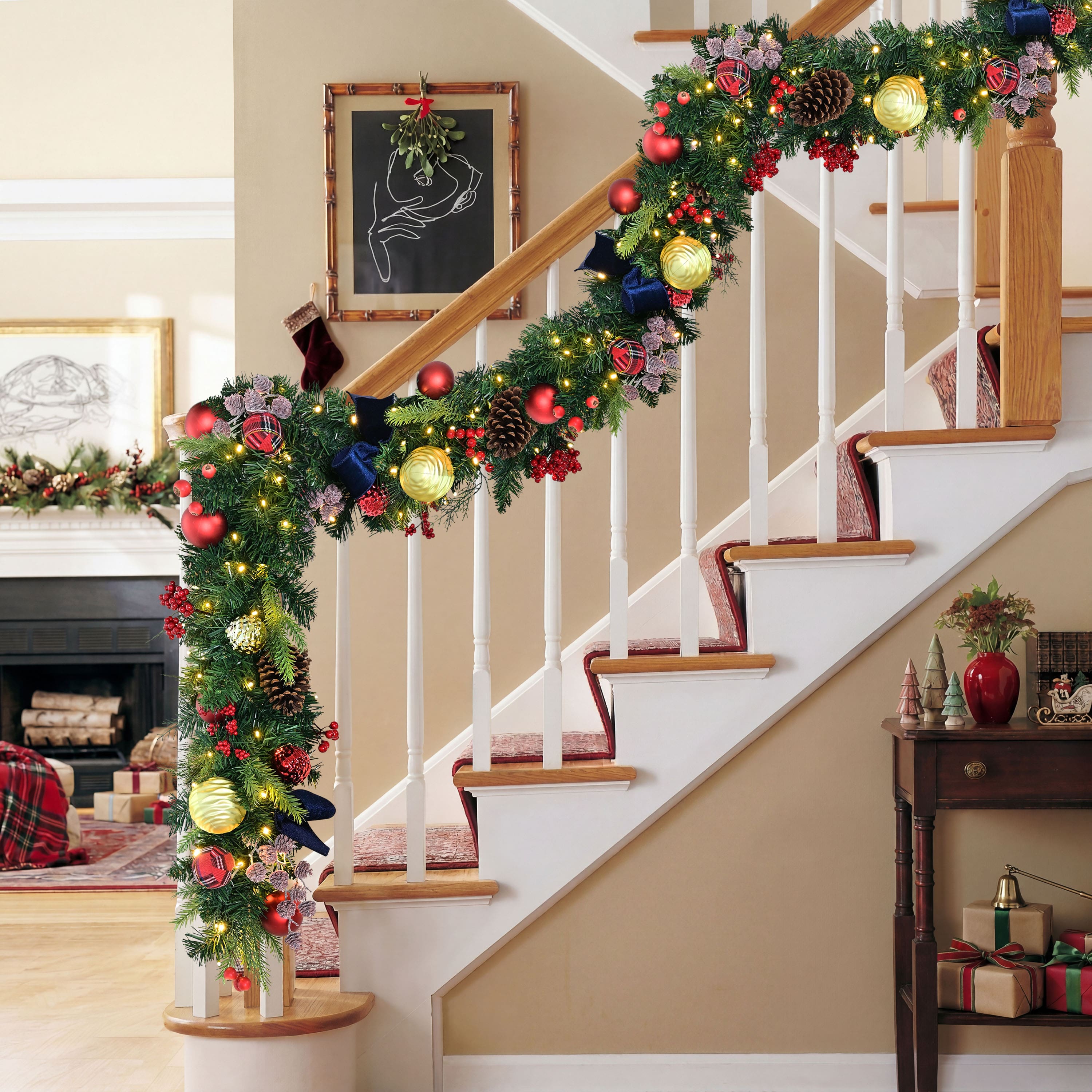 Puleo International 6ft. Pre-Lit Pine with Ornaments & Pinecones Artificial Christmas Garland