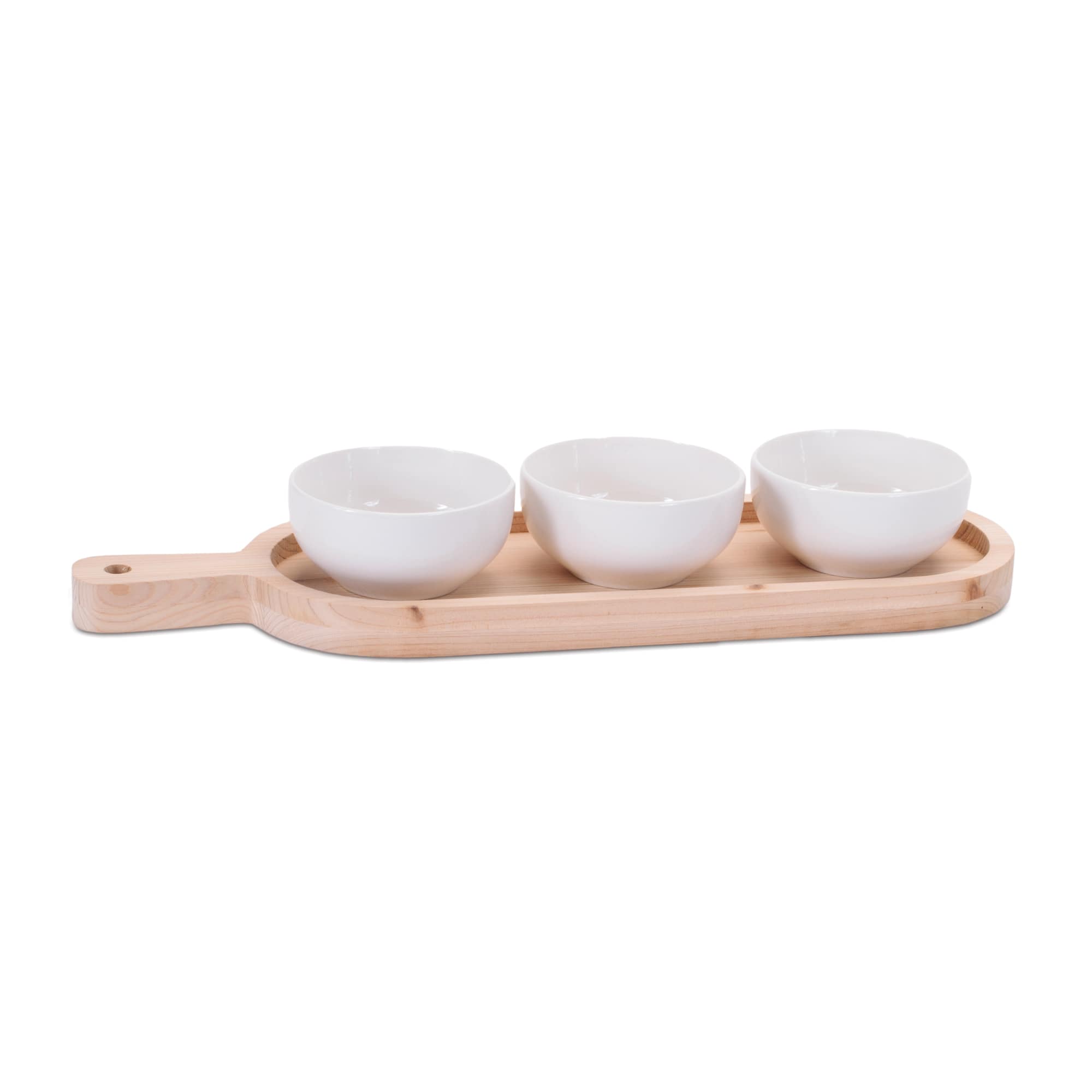 Brown & White Ceramic with Wood Tray Dip Bowl Set