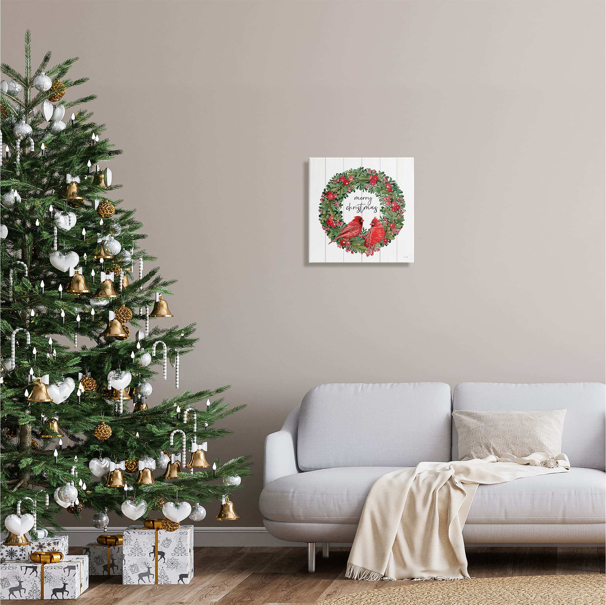 Stupell Industries Merry Christmas Red Cardinal Wreath Canvas Wall Art