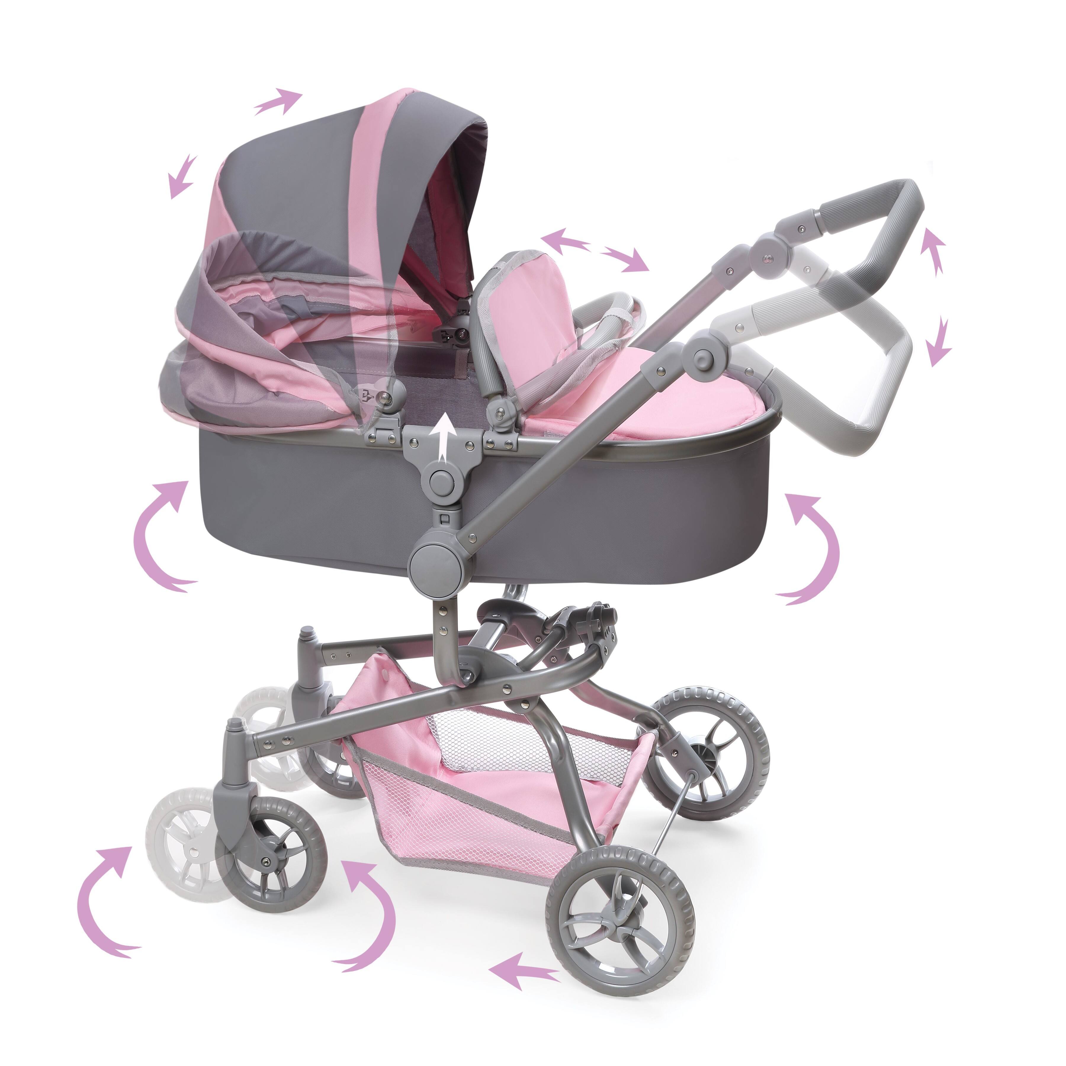 Badger Basket Gray & Pink Daydream Multi-Function Single Doll Pram & Stroller