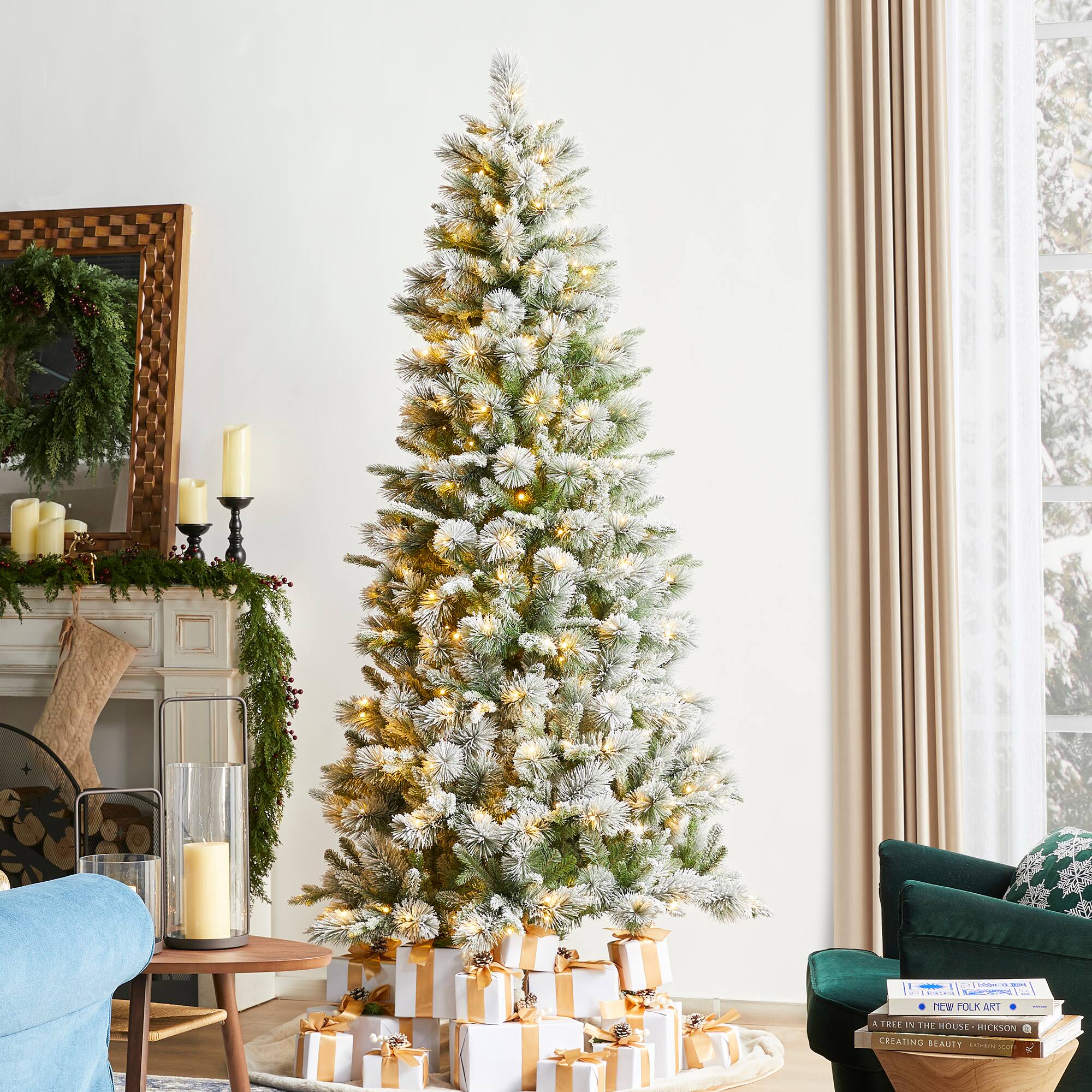 Glitzhome® 7.5ft Pre-Lit Flocked Slim Pine Artificial Christmas Tree, Warm White LED Lights