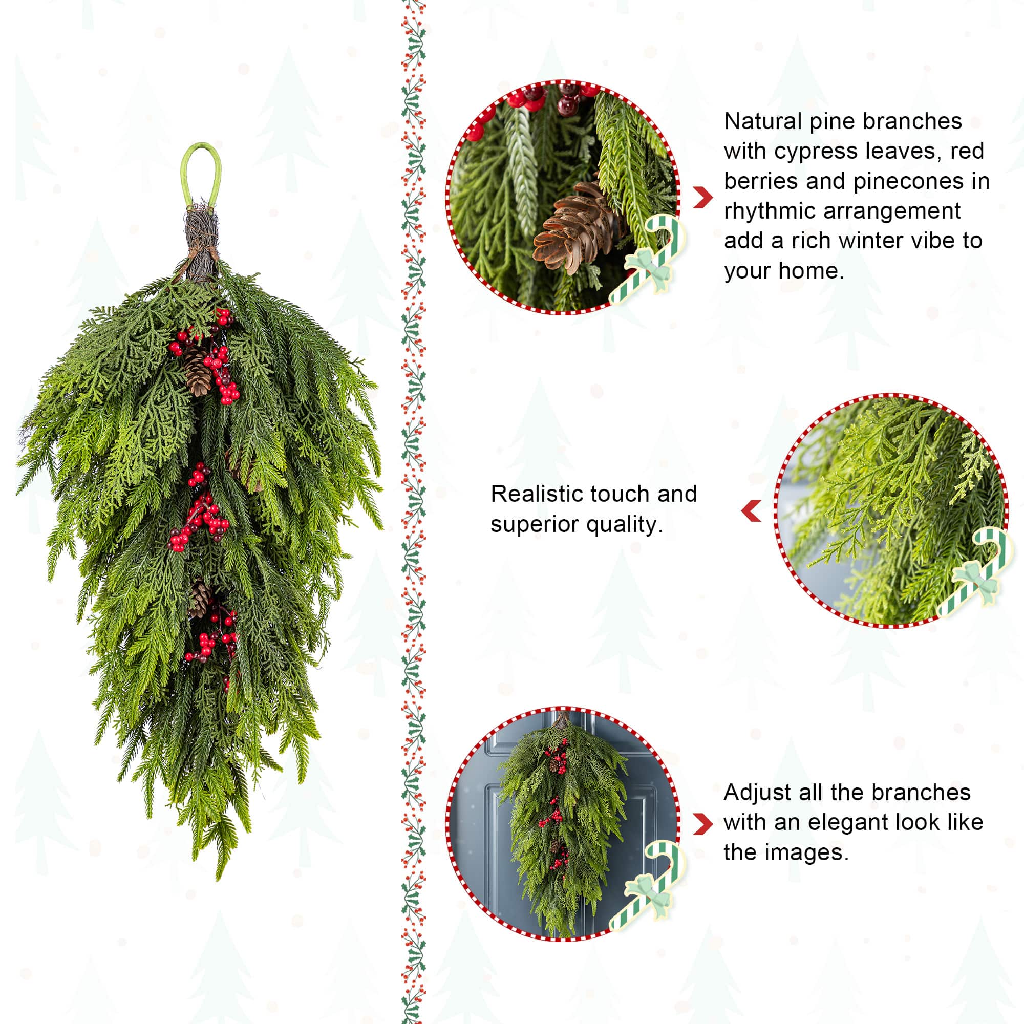 Glitzhome® 31.5" Christmas Greenery PE Dripping Teardrop with Pinecones and Red Berries,Set of 2