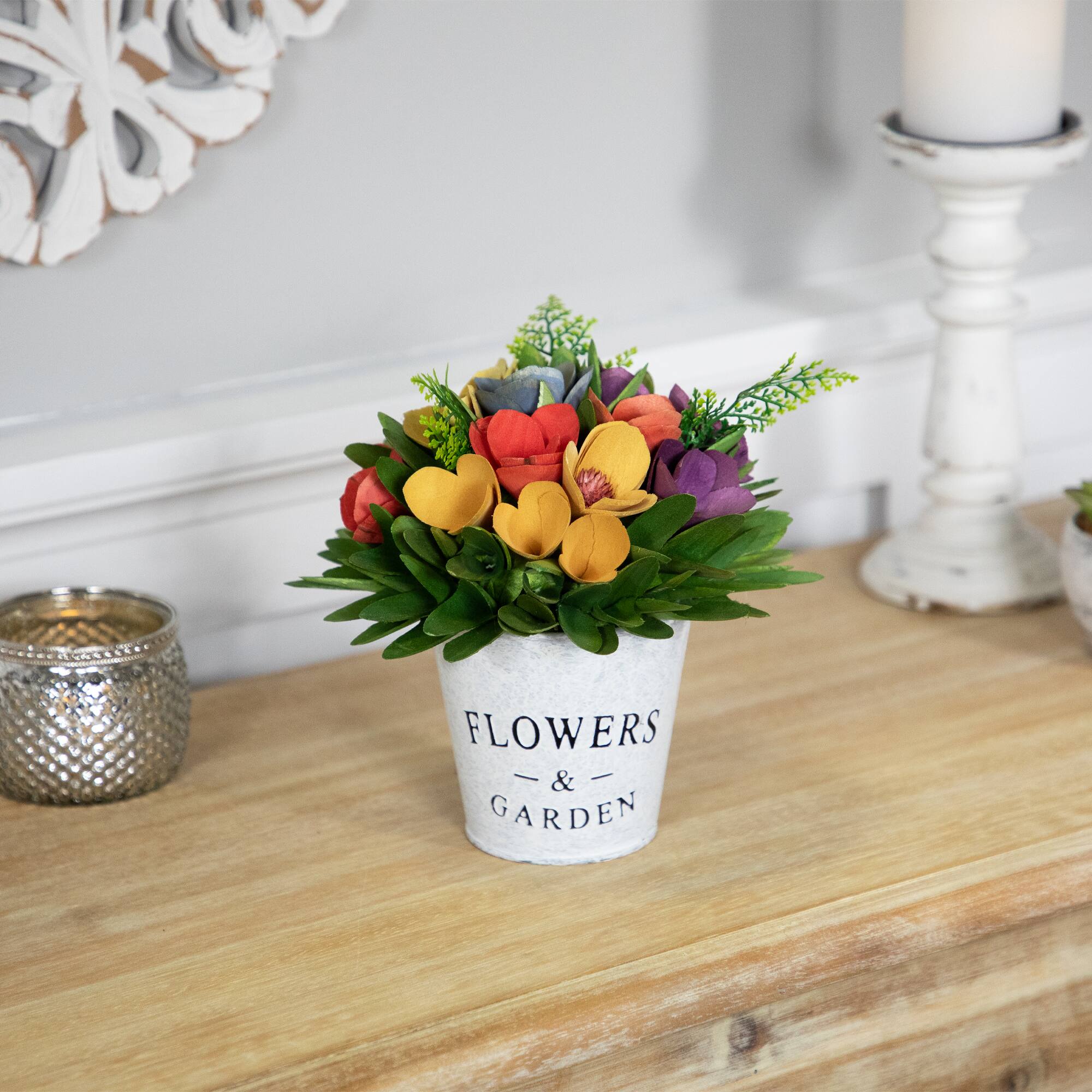 7.5" Wooden Artificial Spring Floral Arrangement with Flowers & Garden Pot