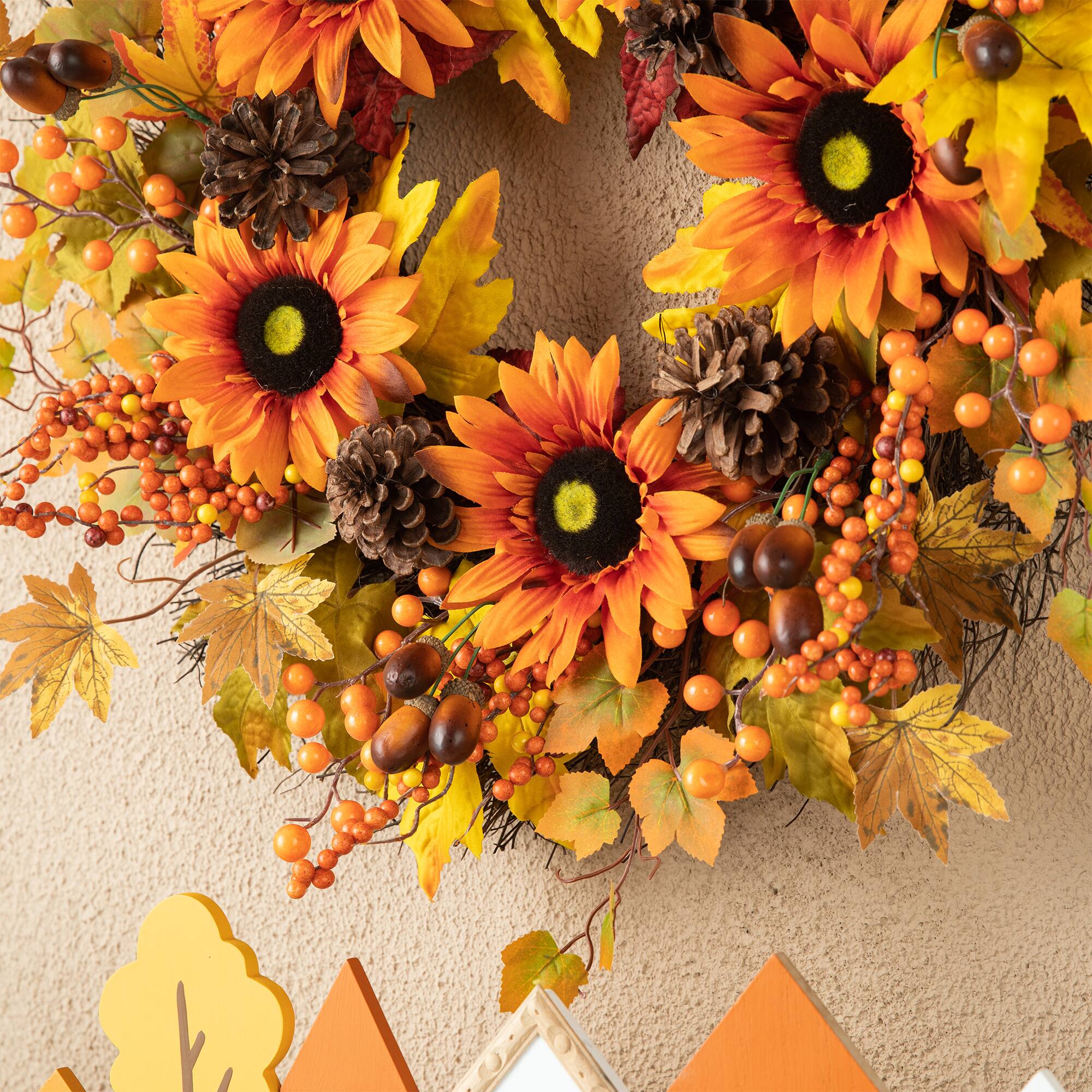 Glitzhome® 24" Fall Sunflower, Maple Leaf & Berry Wreath