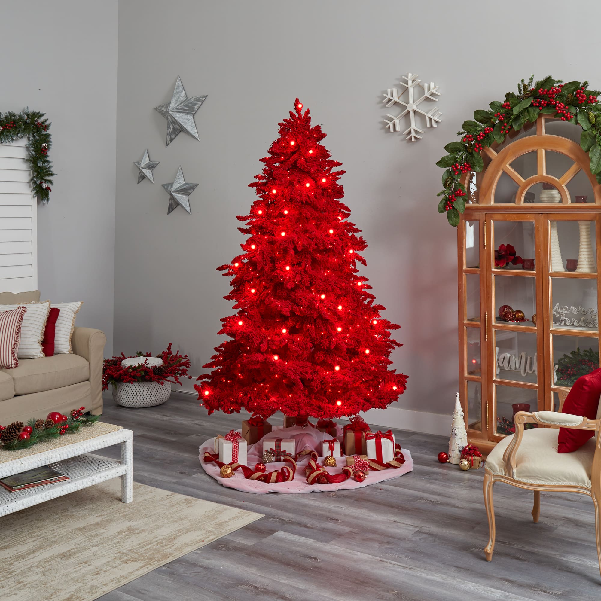 8ft. Pre-Lit Red Flocked Fraser Fir Artificial Christmas Tree, Red Lights