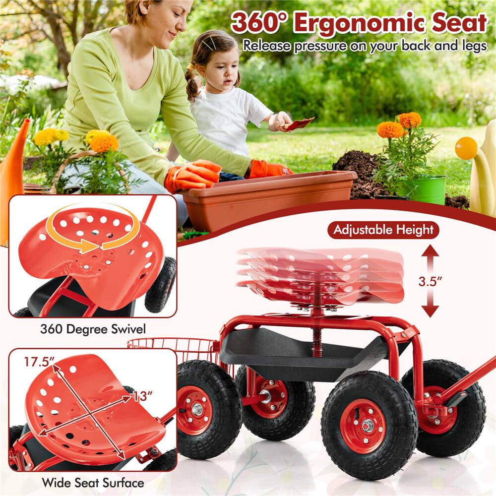 Costway Garden Cart Rolling Work Seat Wagon Scooter for Planting with Extendable Handle