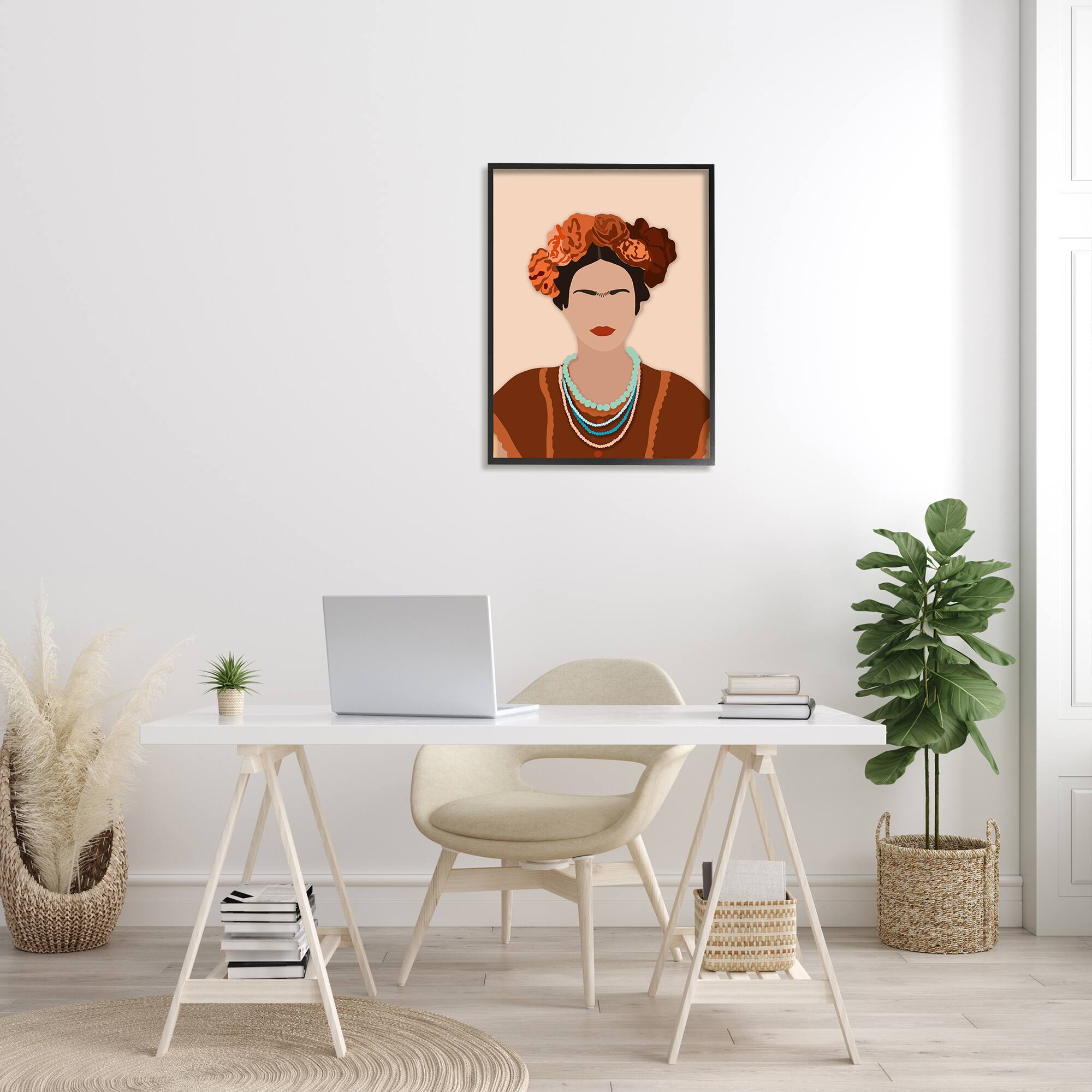 Stupell Industries Frida Artist Portrait Orange Floral Blue Bead Necklace in Black Frame Wall Art