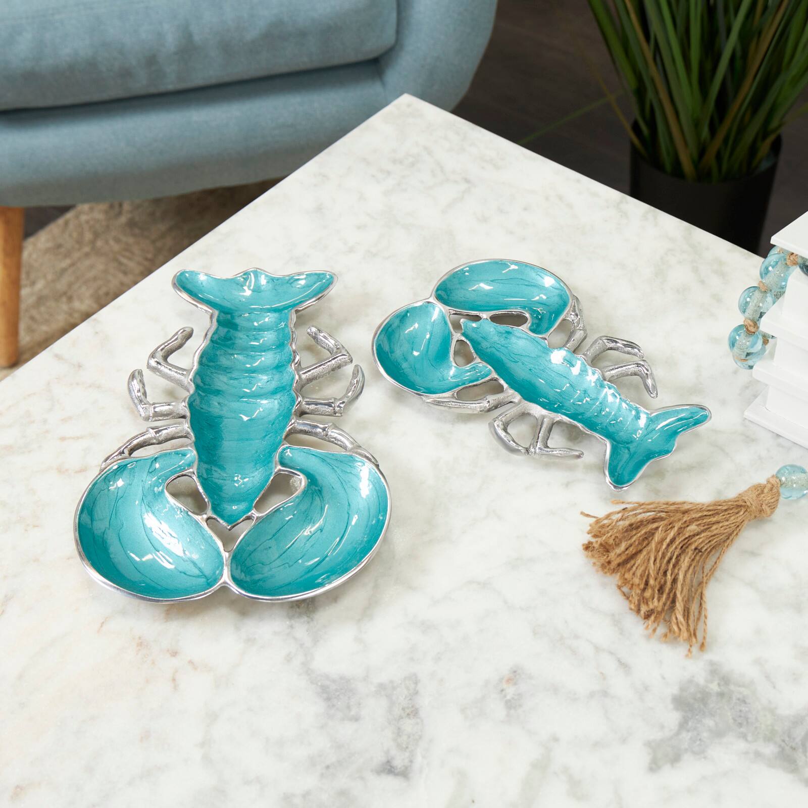 Teal & White Aluminum Enameled Lobster Living Room Décor Tray Set