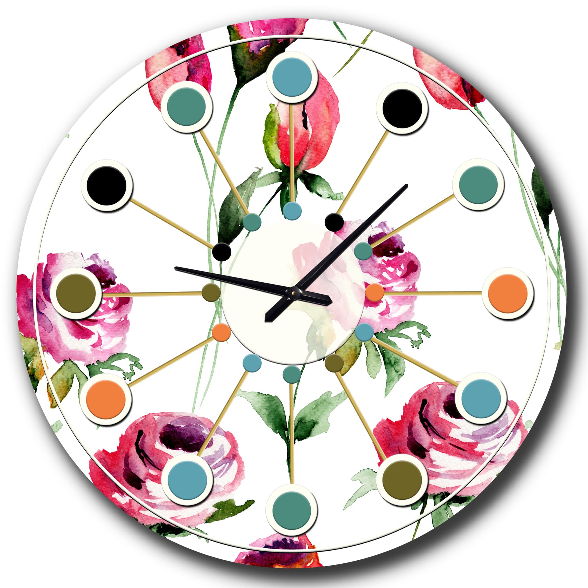 Designart 'Roses Flowers Pattern Mid-Century Modern Wall Clock