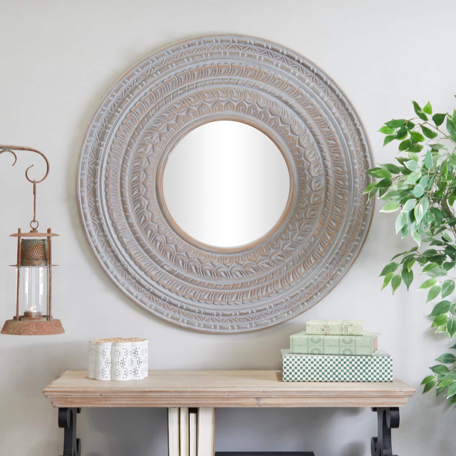 Gray Wood Carved Tribal Wall Mirror 36" x 2" x 36"