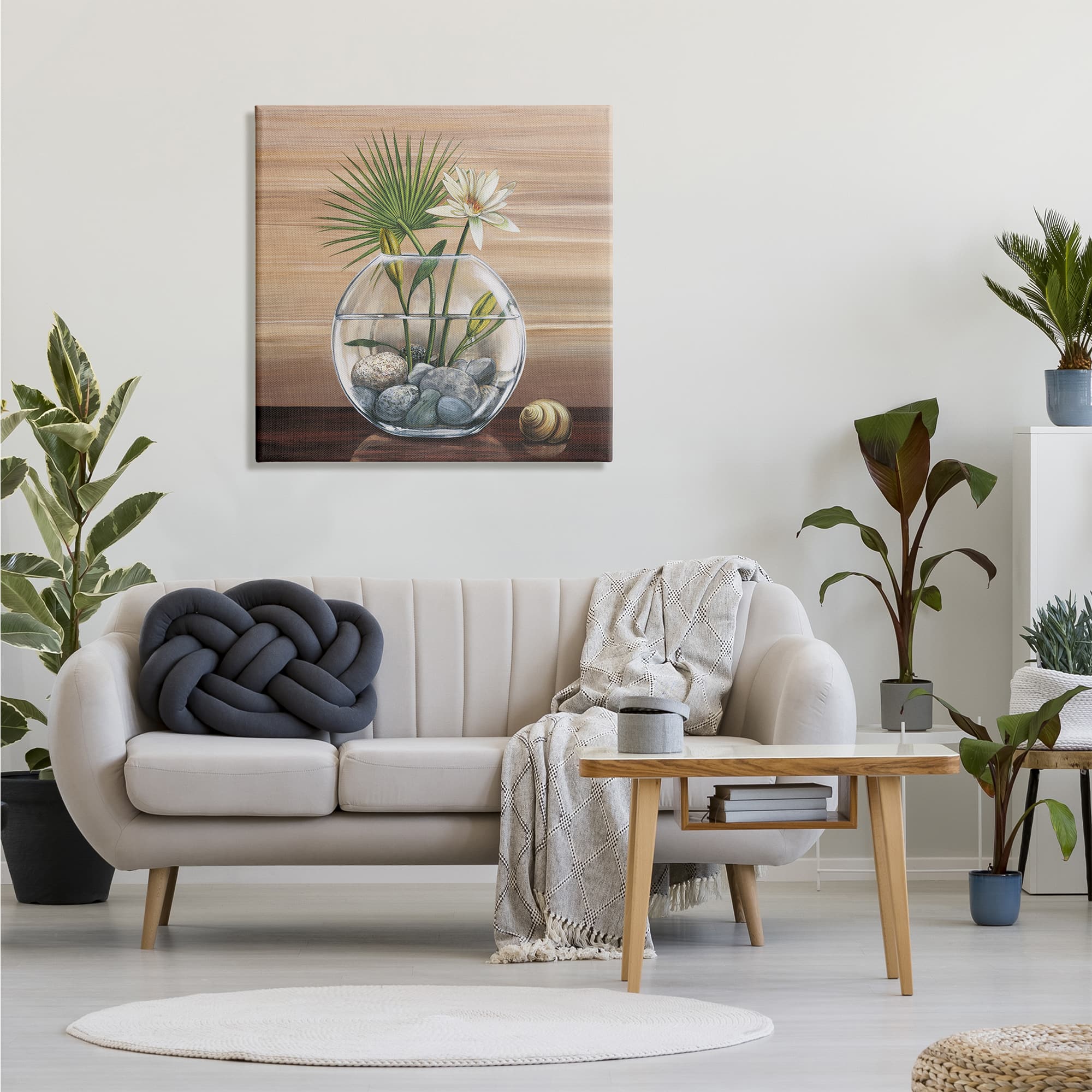 Stupell Industries Lotus and Palm Plant in Rock Vase Still-Life Canvas Wall Art