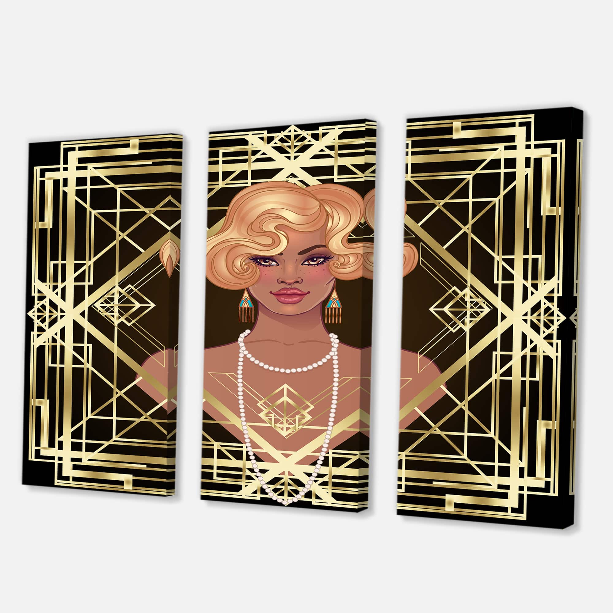Designart - Retro Women In Golden Art Deco Geometrics III - Modern Canvas Wall Art Print