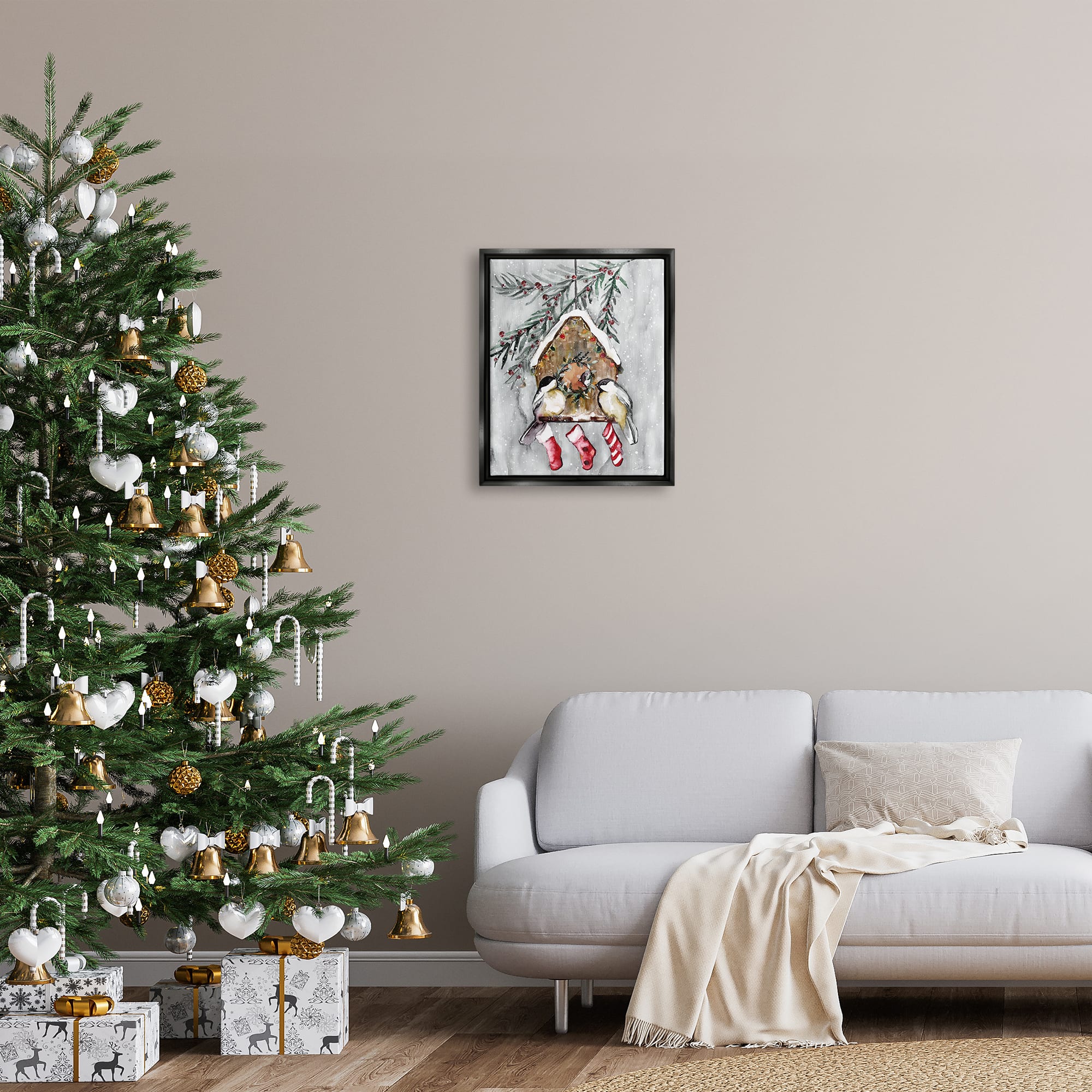 Stupell Industries Holiday Stockings Birdhouse Perched Framed Floater Canvas Wall Art