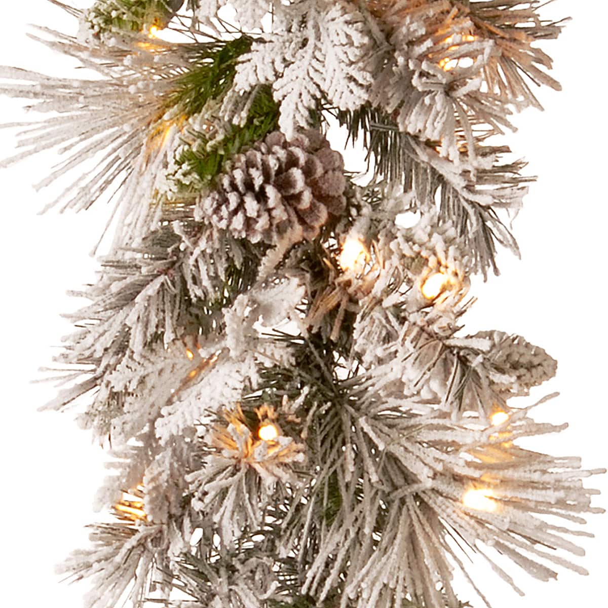 9ft. Pre-lit Snowy Bedford Pine Artificial Christmas Garland with Cedar Leaves, Red Berries, Mixed Cones & 70 Warm White Battery Operated LED Lights w/Timer