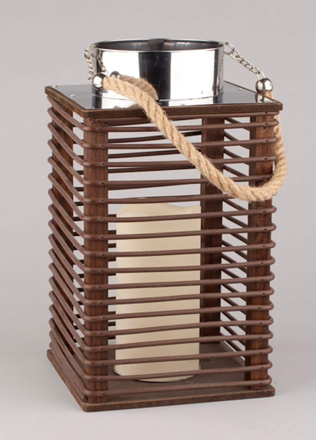 11.75" Wooden Corded Lantern with LED Pillar Candle