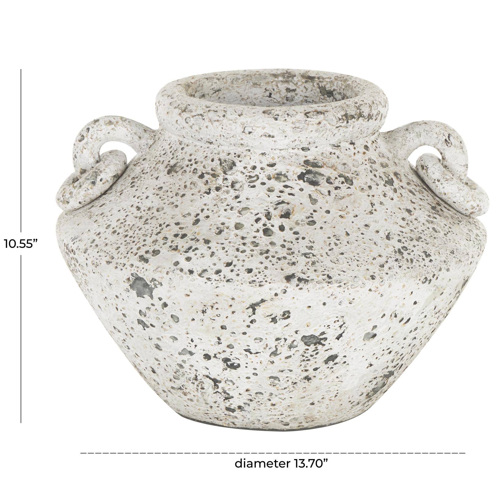 14" White Antique-Style Textured Ceramic Vase with Ring Handles