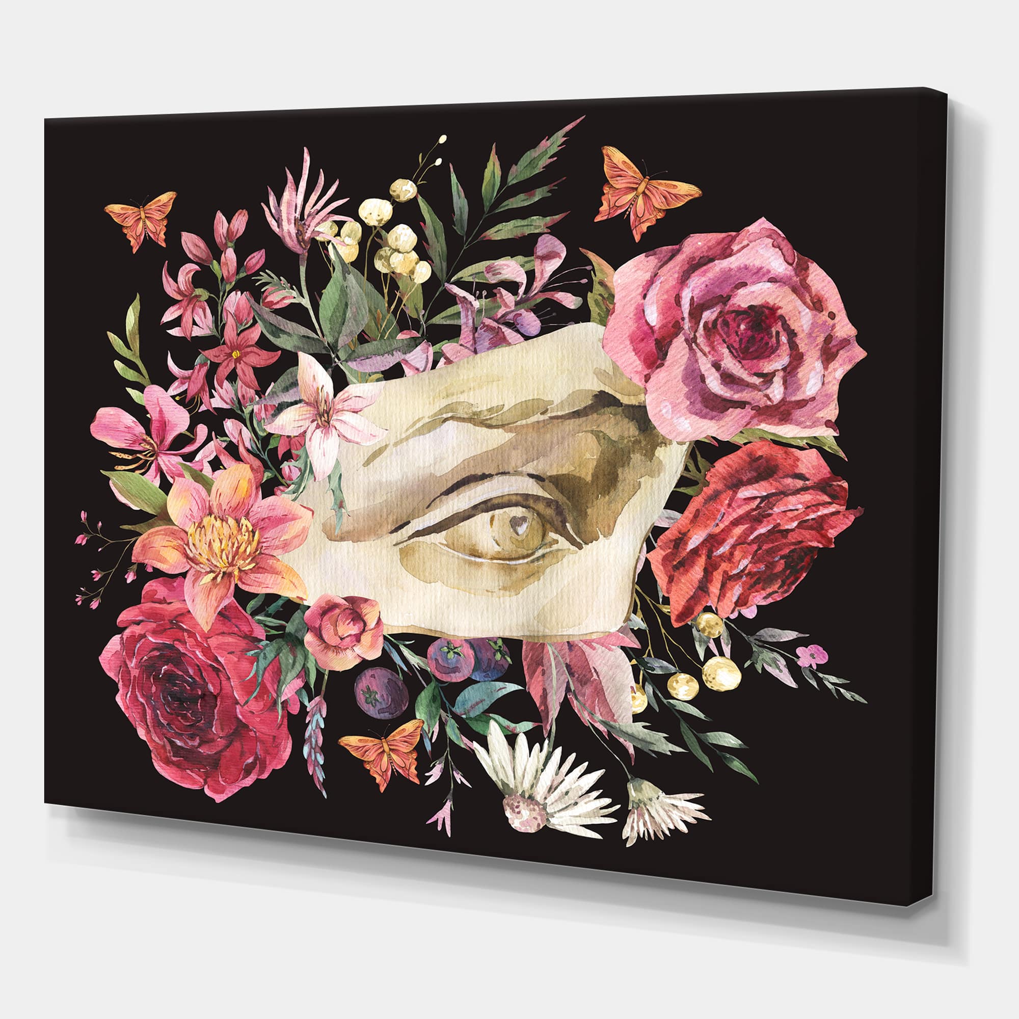 Designart - Greek Sculpture David Eye With Dried Wildflowers - Farmhouse Canvas Wall Art Print