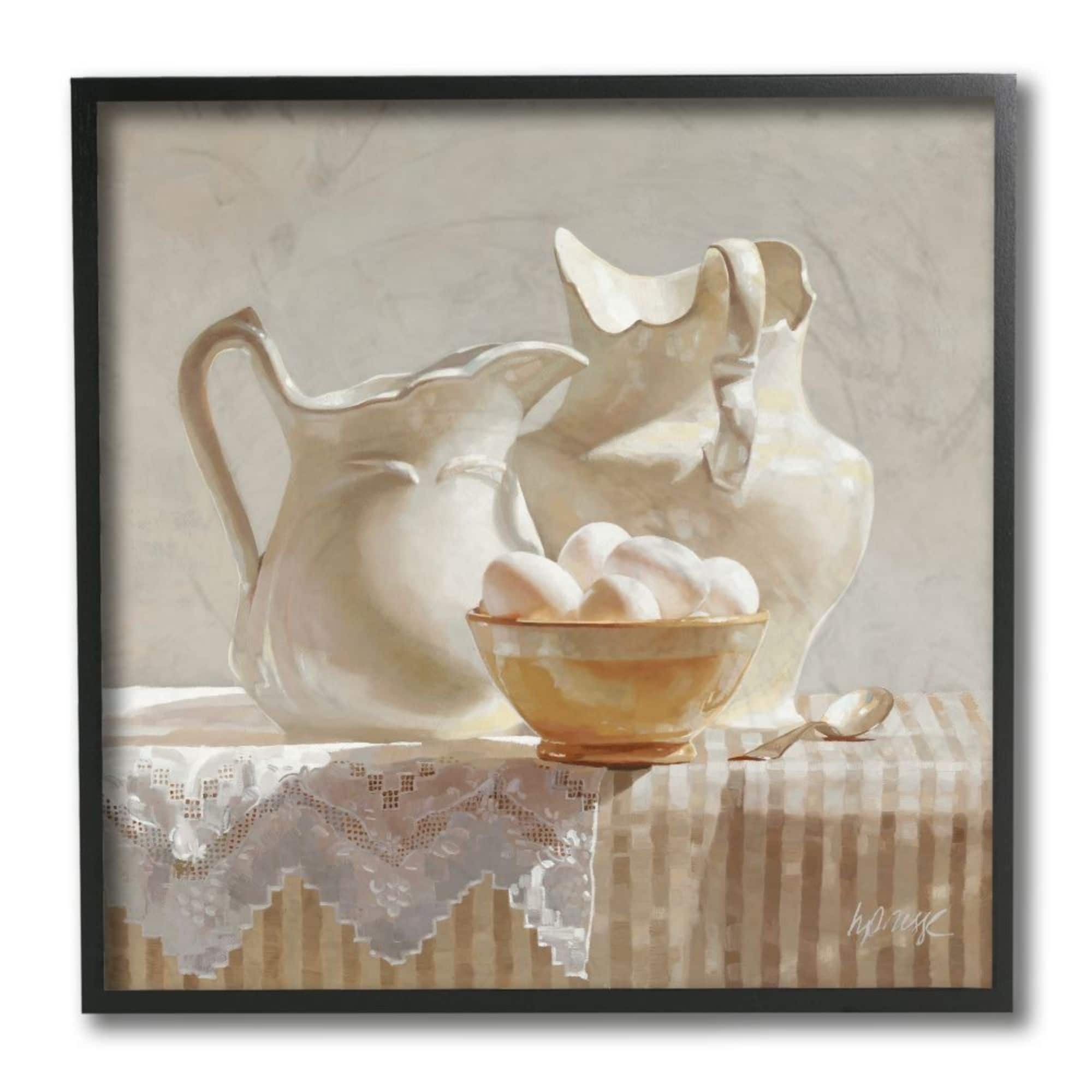 Stupell Industries Country White Pitchers Farm Table Still Life Black Framed Wall Art