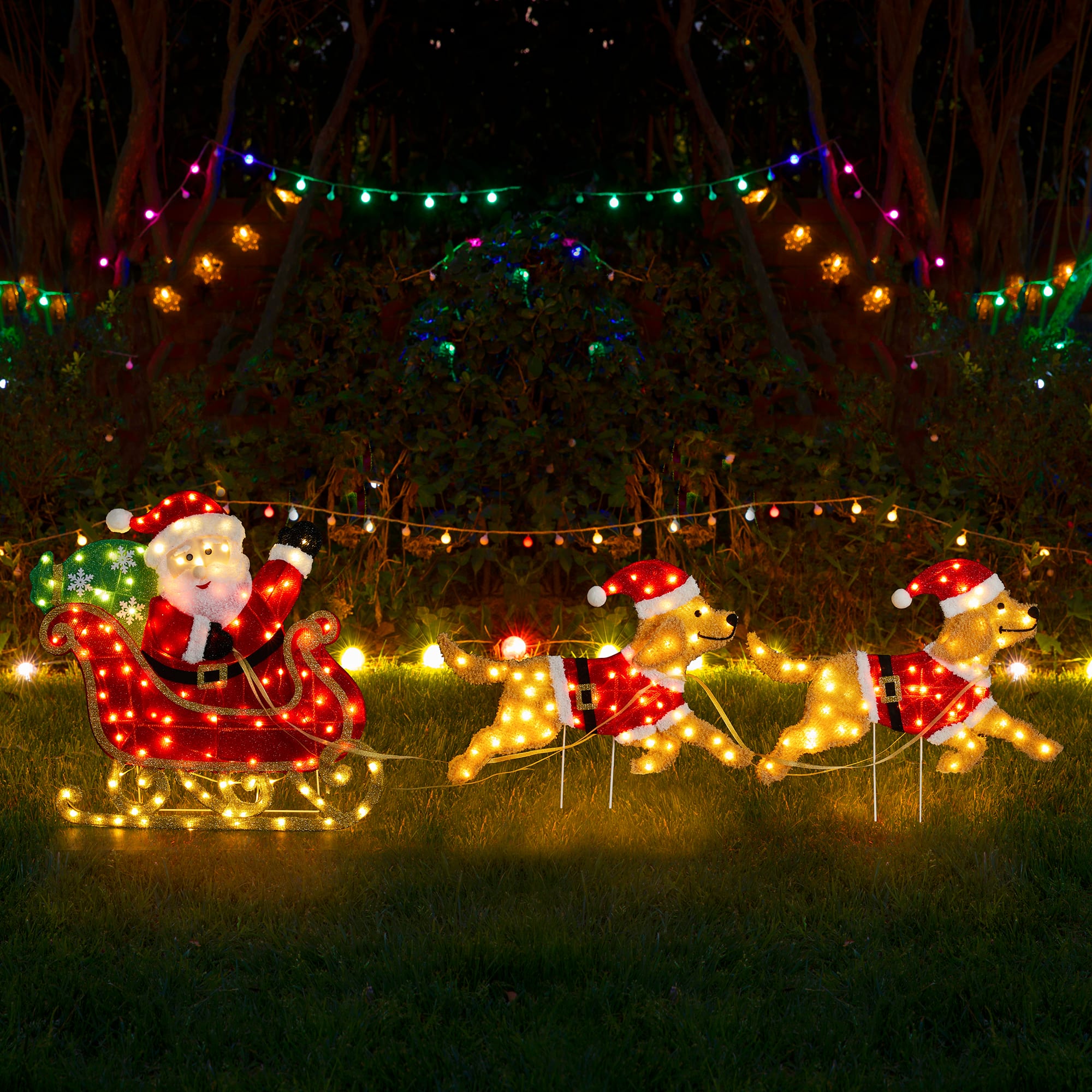 Glitzhome® 90.5"L Lighted Christmas 2D Fabric Dog with Santa Sleigh Outdoor Decor