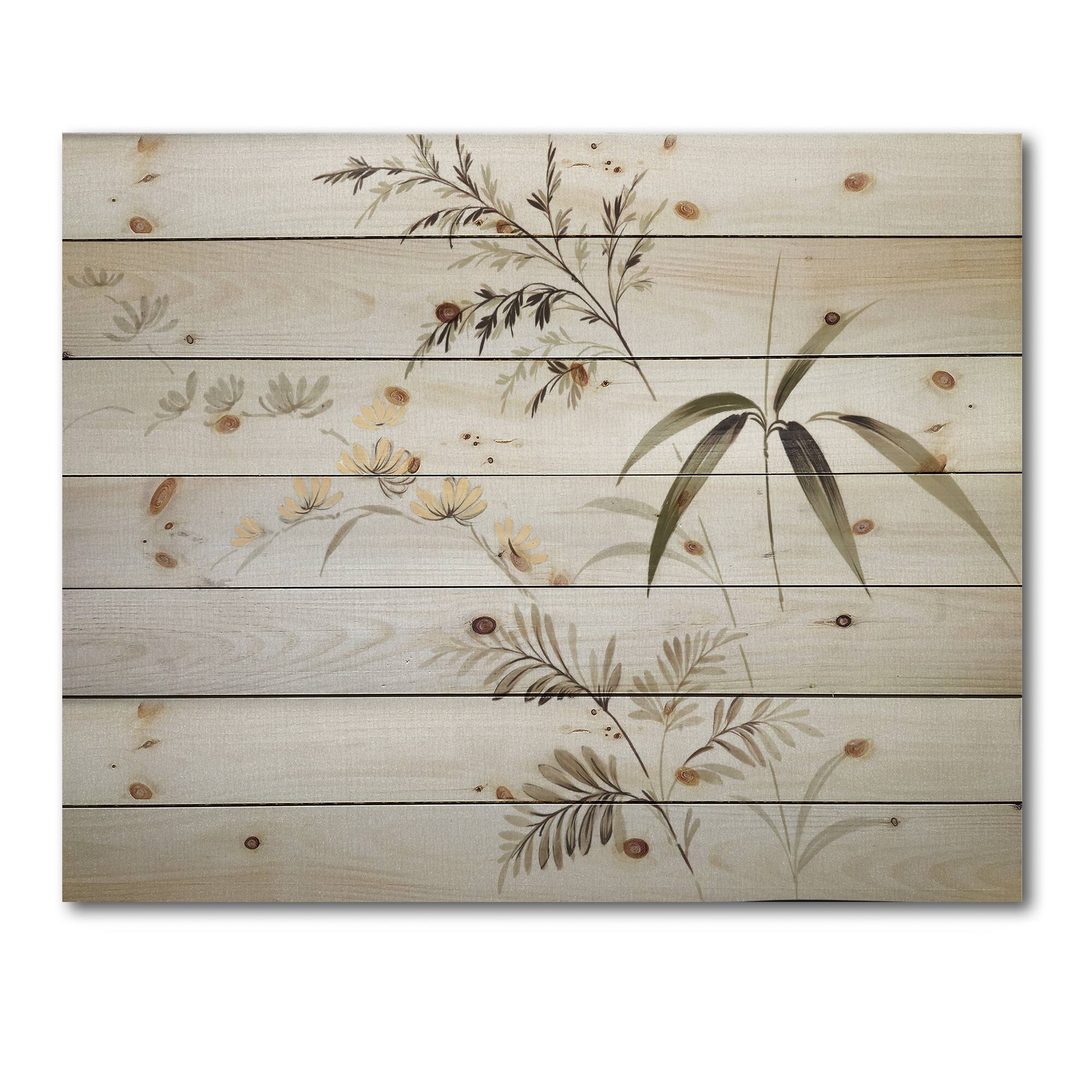 Designart - Retro Drawing of Flowers III - Vintage Print on Natural Pine Wood