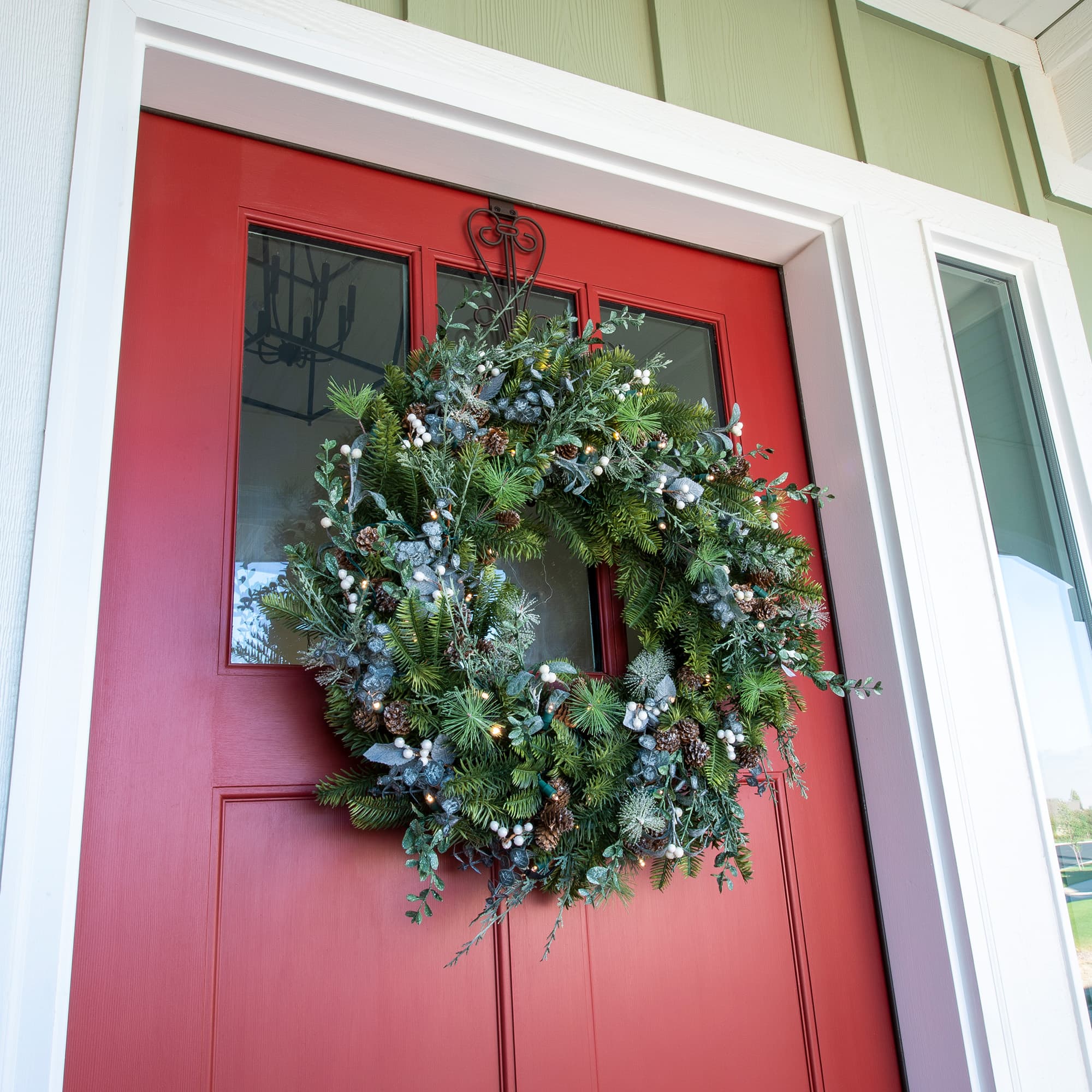 Village Lighting 30" Pre-Lit Rustic White Berry Christmas Wreath, Clear LED Lights