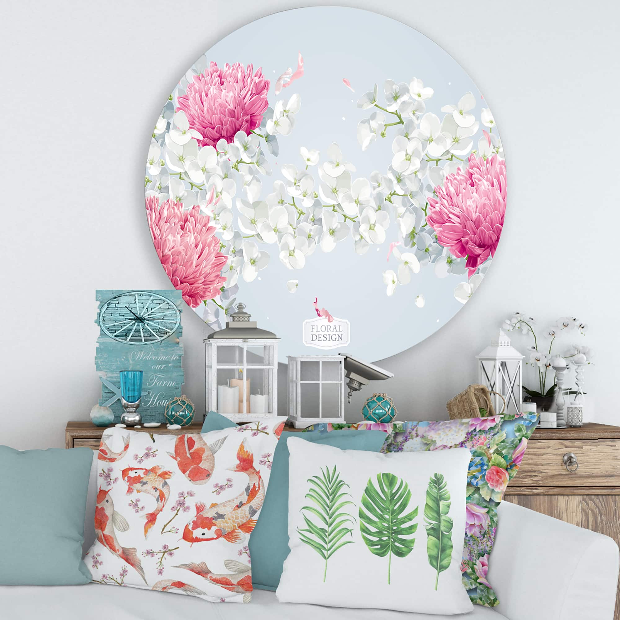 Designart - Chrysanthemums and Apple Blossom - Traditional Metal Circle Wall Art
