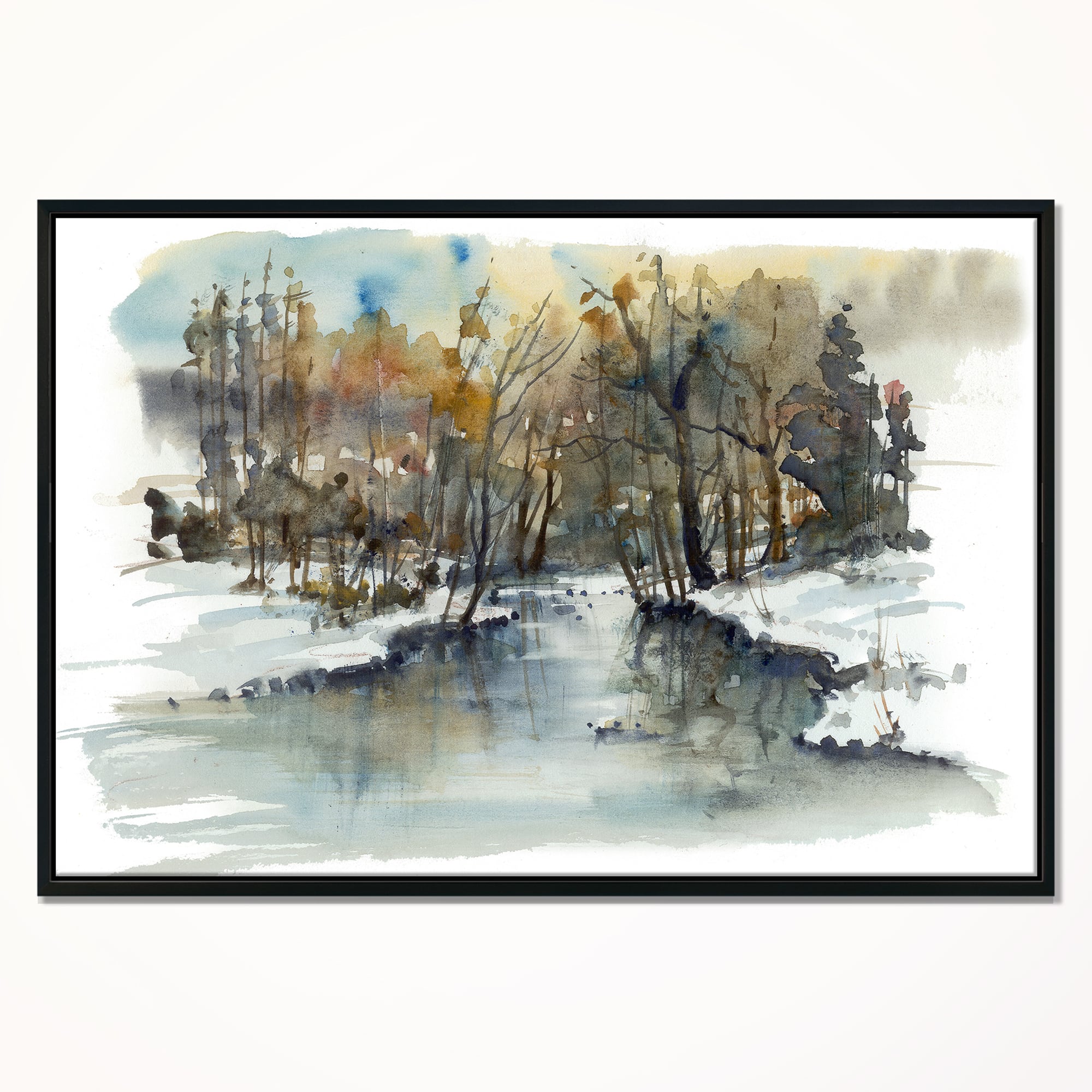 Designart - River in Woods Watercolor - Landscape Painting Canvas Print in Black Frame