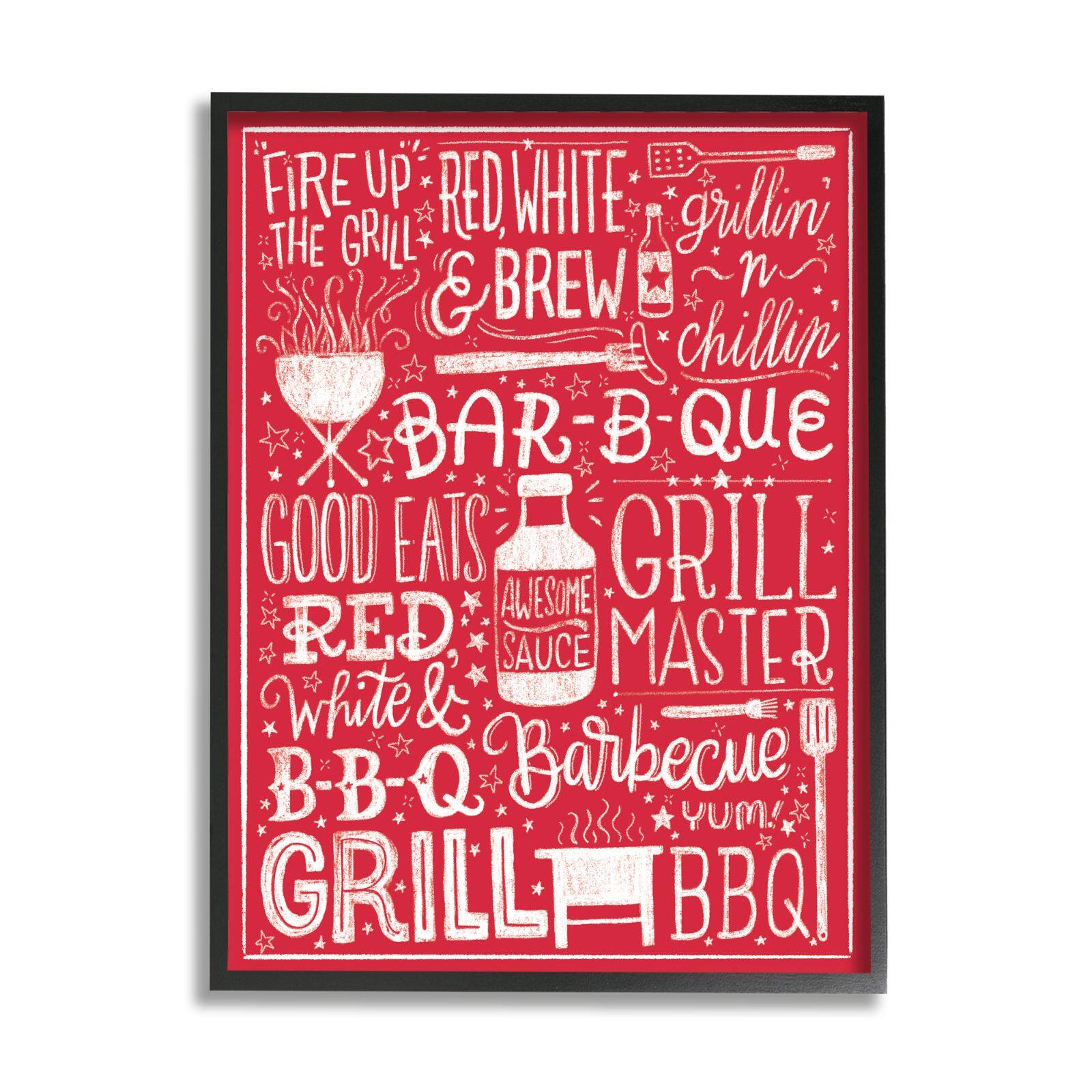 Stupell Industries Fire Up Grill Summer BBQ Phrases Red White Framed Wall Art