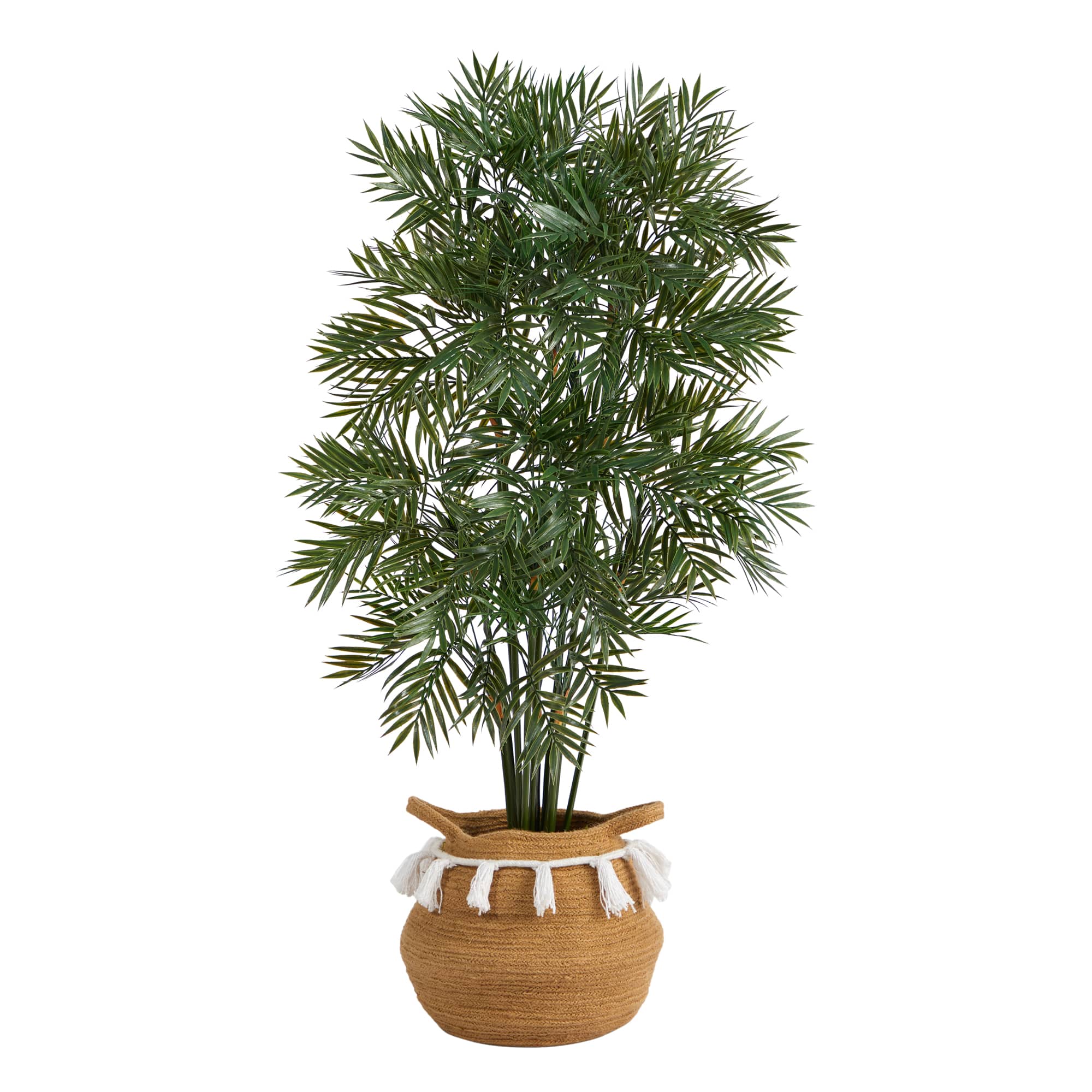 4ft. Parlor Palm Artificial Tree in Boho Chic Handmade Natural Cotton Woven Planter with Tassels