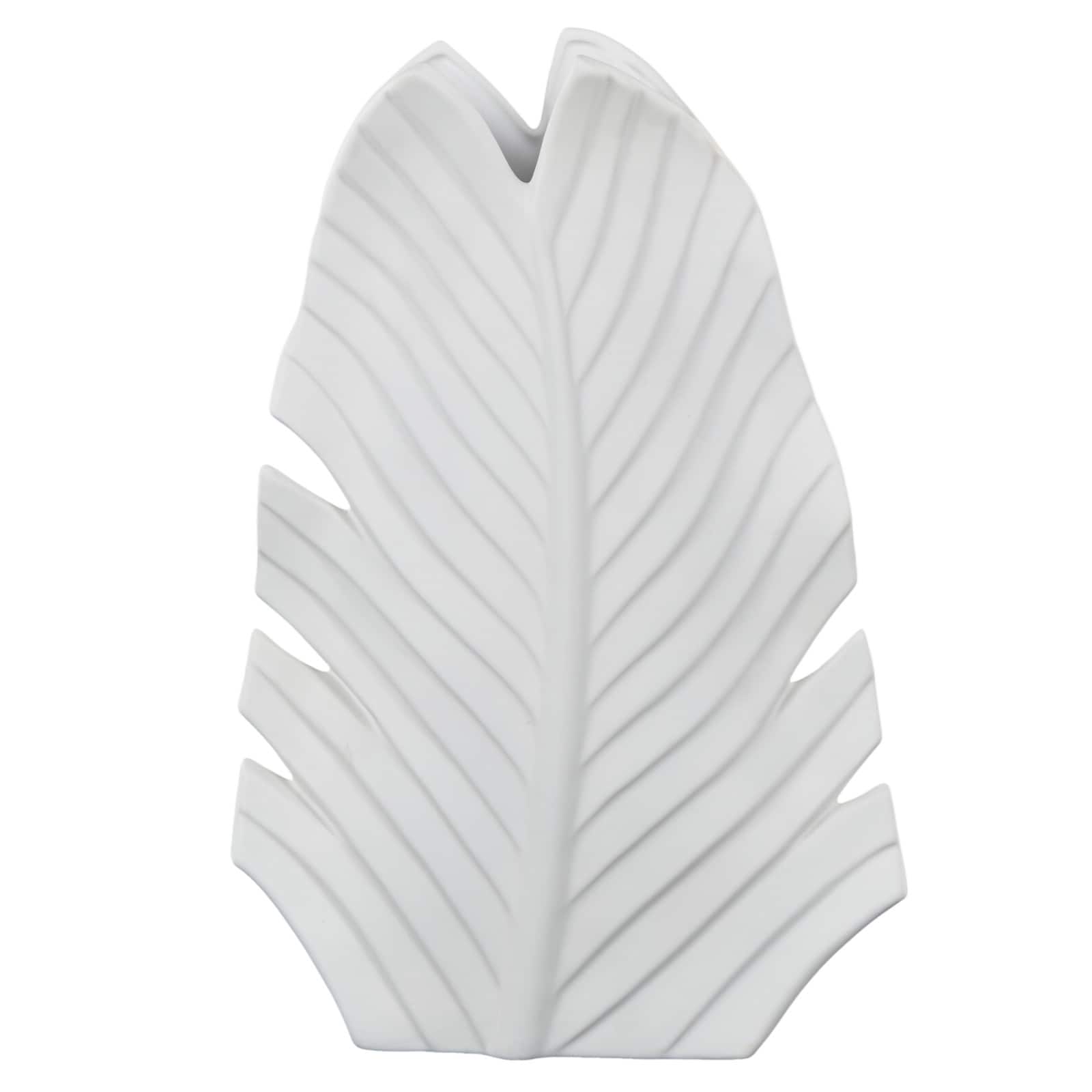 17" White Palm Tree Curved Leaf Decorative Ceramic Vase