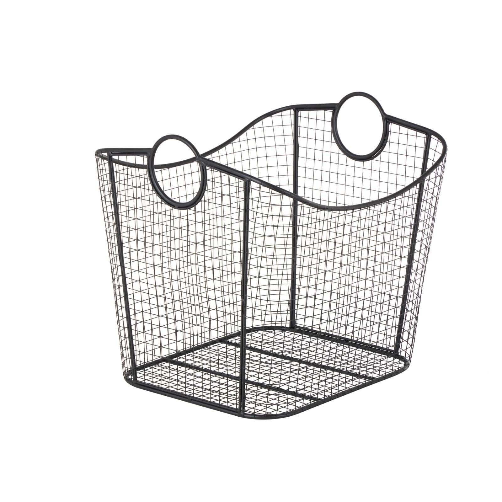 20" Black Metal Storage Basket with Curved Sides & Ring Handles