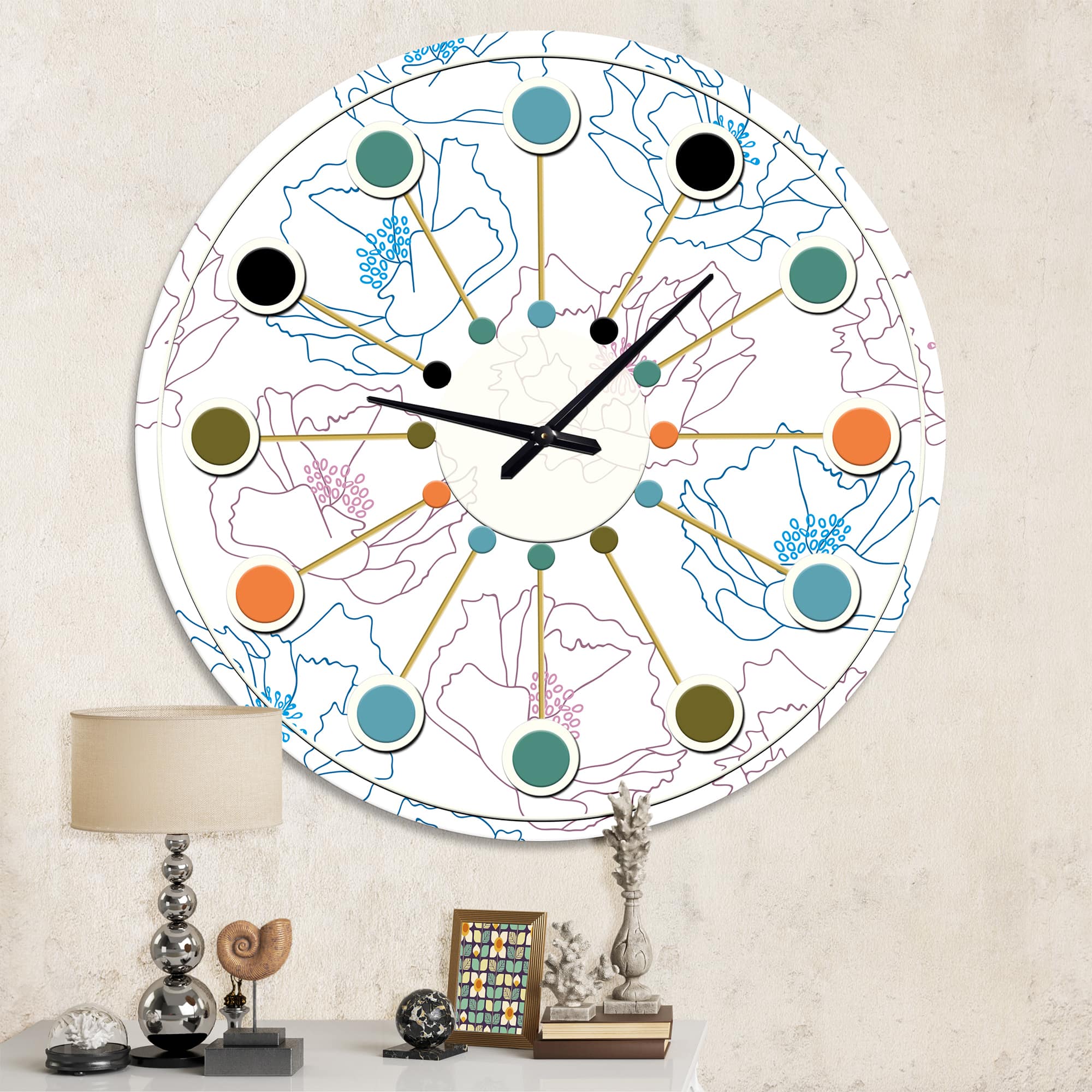 Designart 'Retro Handdrawn Poppies I Mid-Century Modern Wall Clock